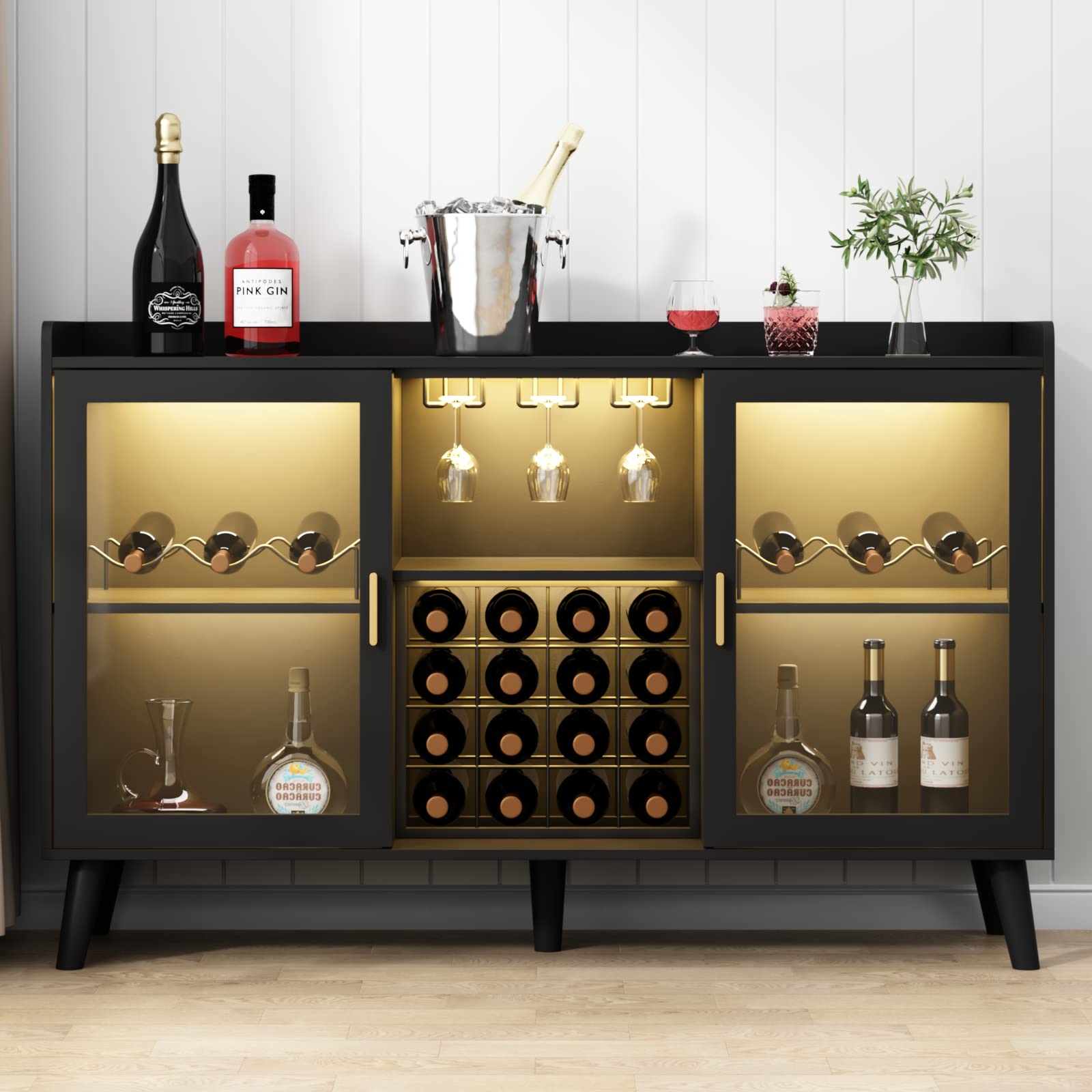 Modern Wine Bar Cabinet with LED Lights - Freestanding Kitchen Sideboard Buffet with Wine Rack, Glass Holder & Storage Shelf - Black Glass Door Liquor Cabinet for Dining Room, Living Room & Home Bar Decor