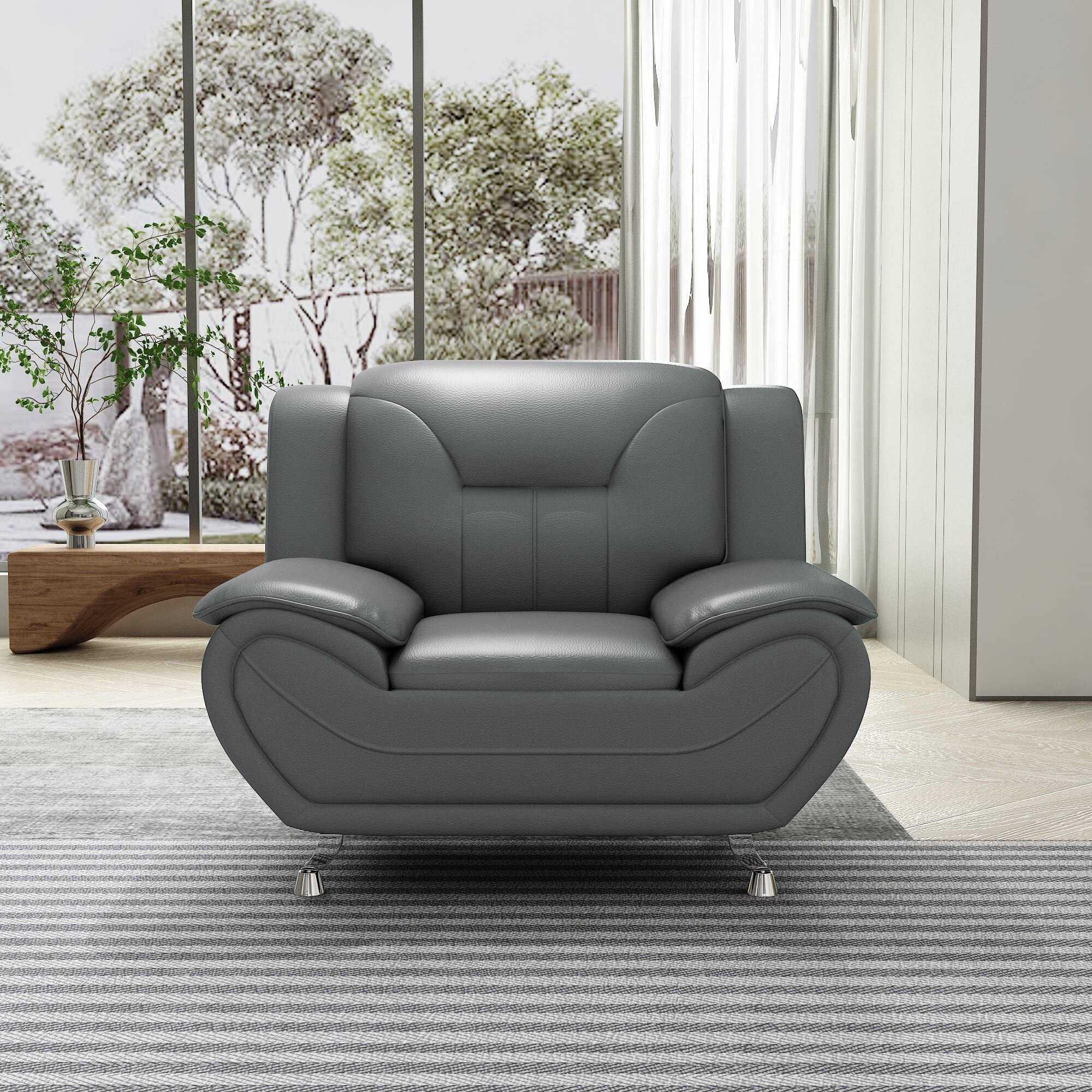 Modern Faux Leather Accent Chair with Stainless Steel Legs - Sleek Gray Upholstered Living Room Chair for Home Office, Lounge & Reading Nook
