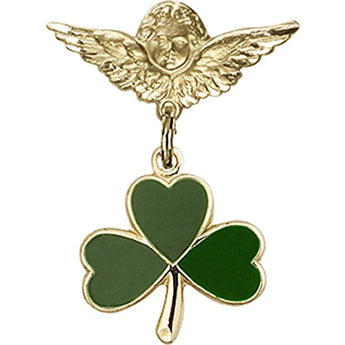 Gold Filled Baby Badge Pin with Shamrock Charm & Angel Wings - 1 X 3/4 Inch - Perfect for Christening, Baptism & Baby Shower Gifts