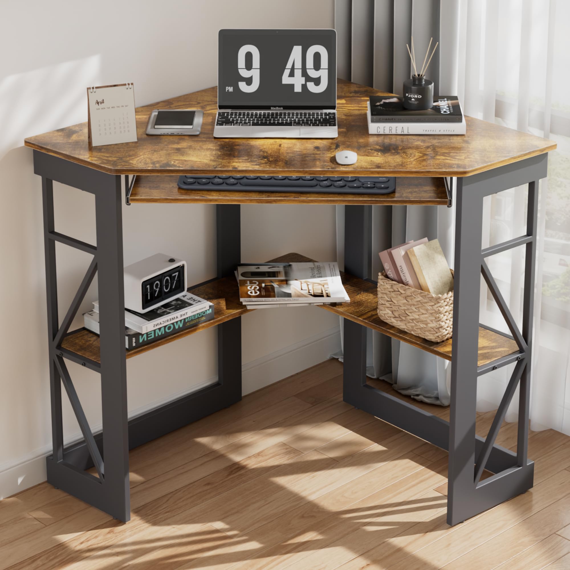 VECELO Corner Computer Desk with Keyboard Tray & Storage Shelves - Compact Home Office Writing Table in Antique Brown | Perfect for Small Spaces, Gaming Setup & Remote Work