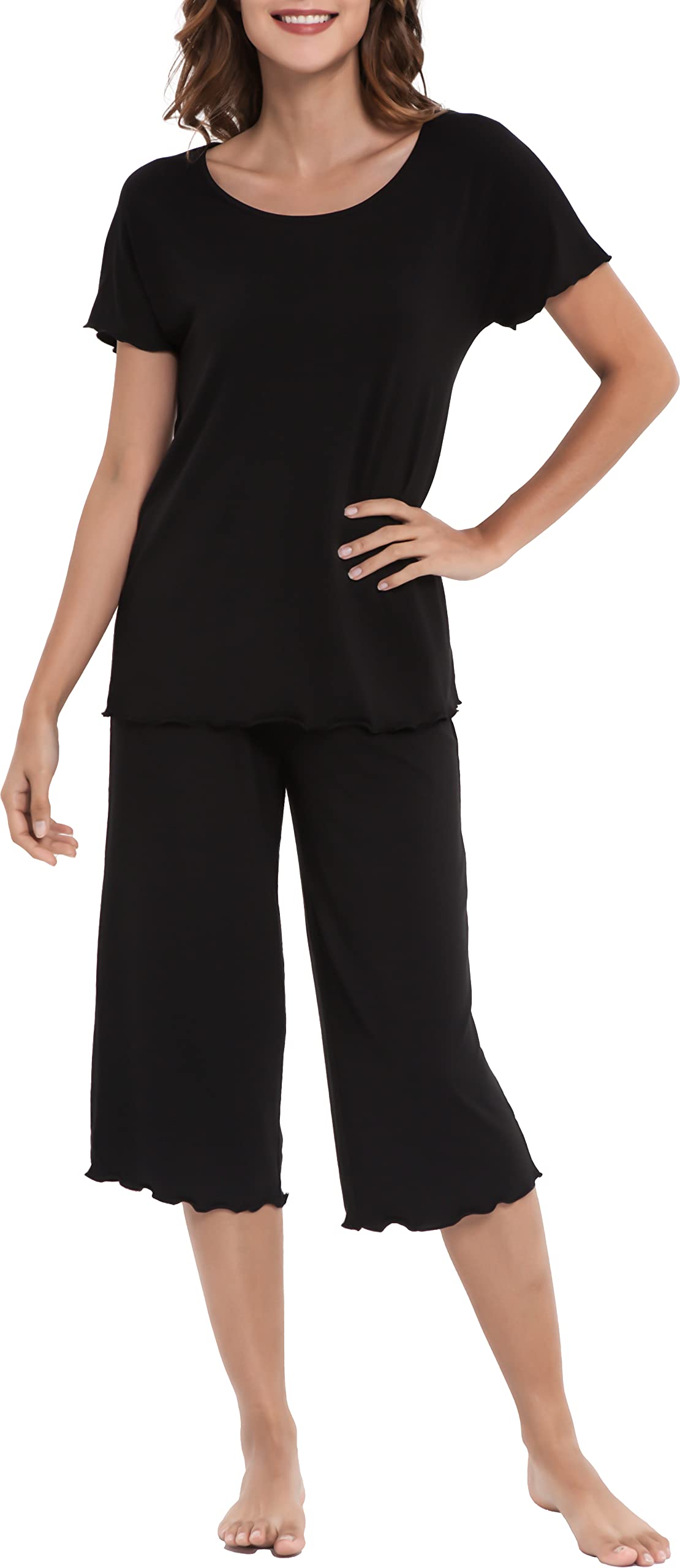 LazyCozy Women's Bamboo Viscose Pajama Set - Short Sleeve Top & Capri Pants Sleepwear - Soft 2-Piece Lounge Set for Comfortable Sleep & Relaxation at Home
