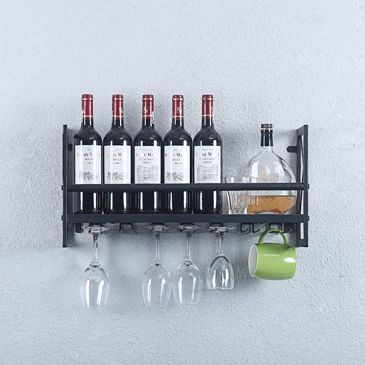 MBQQ Industrial Wall Mounted Wine Rack with Stemware Holders - 23.6 Inch Rustic Metal Hanging Wine Bottle Organizer with 7 Glass Holders & Wood Shelves - Perfect for Kitchen, Dining Room, Bar, and Home Decor