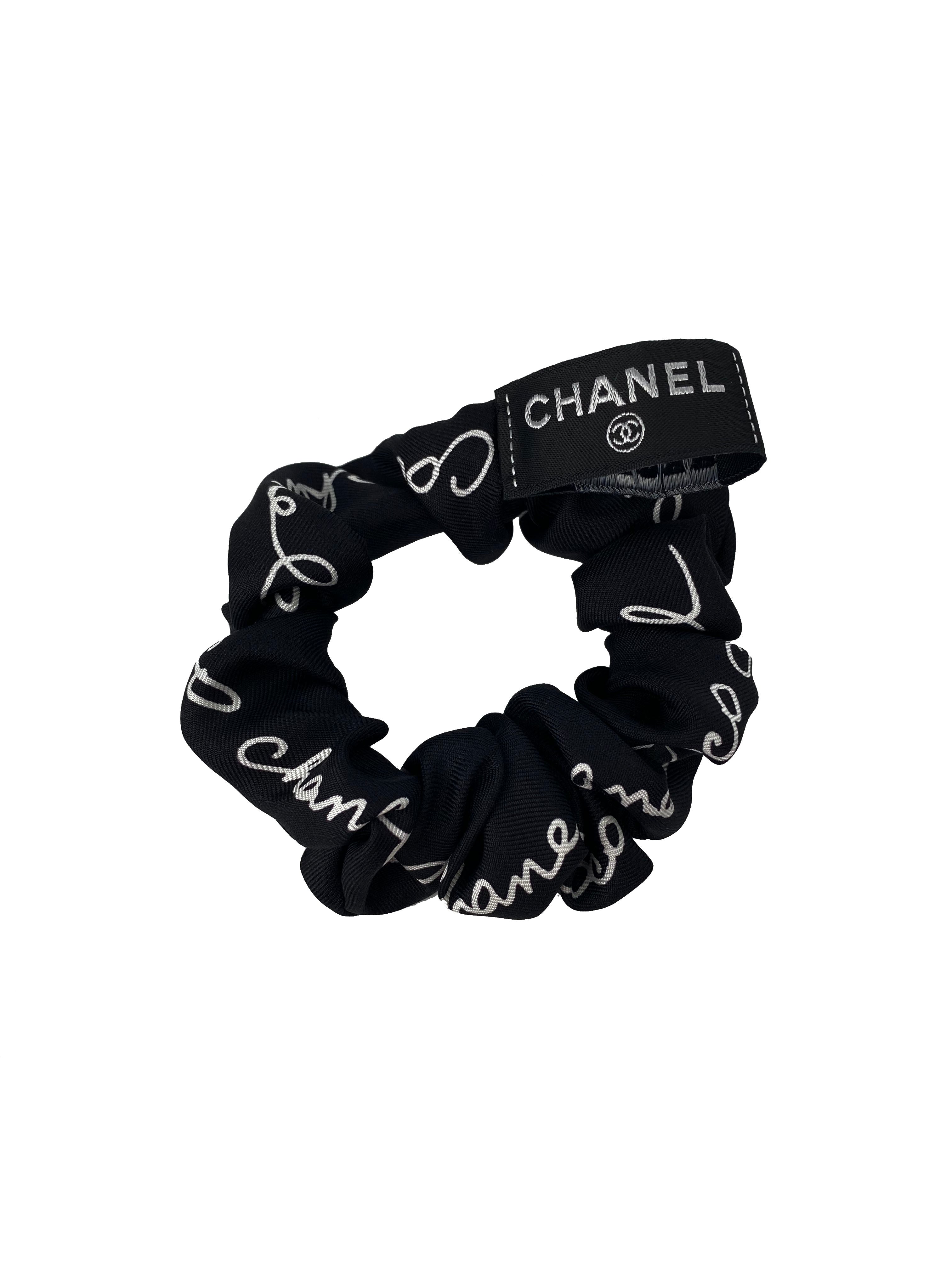 Chanel Black and White Silk Headscarf & Hair Scrunchie Set - Luxury Fashion Accessory for Women, Elegant Head Wrap and Ponytail Holder for Parties, Weddings, and Everyday Style