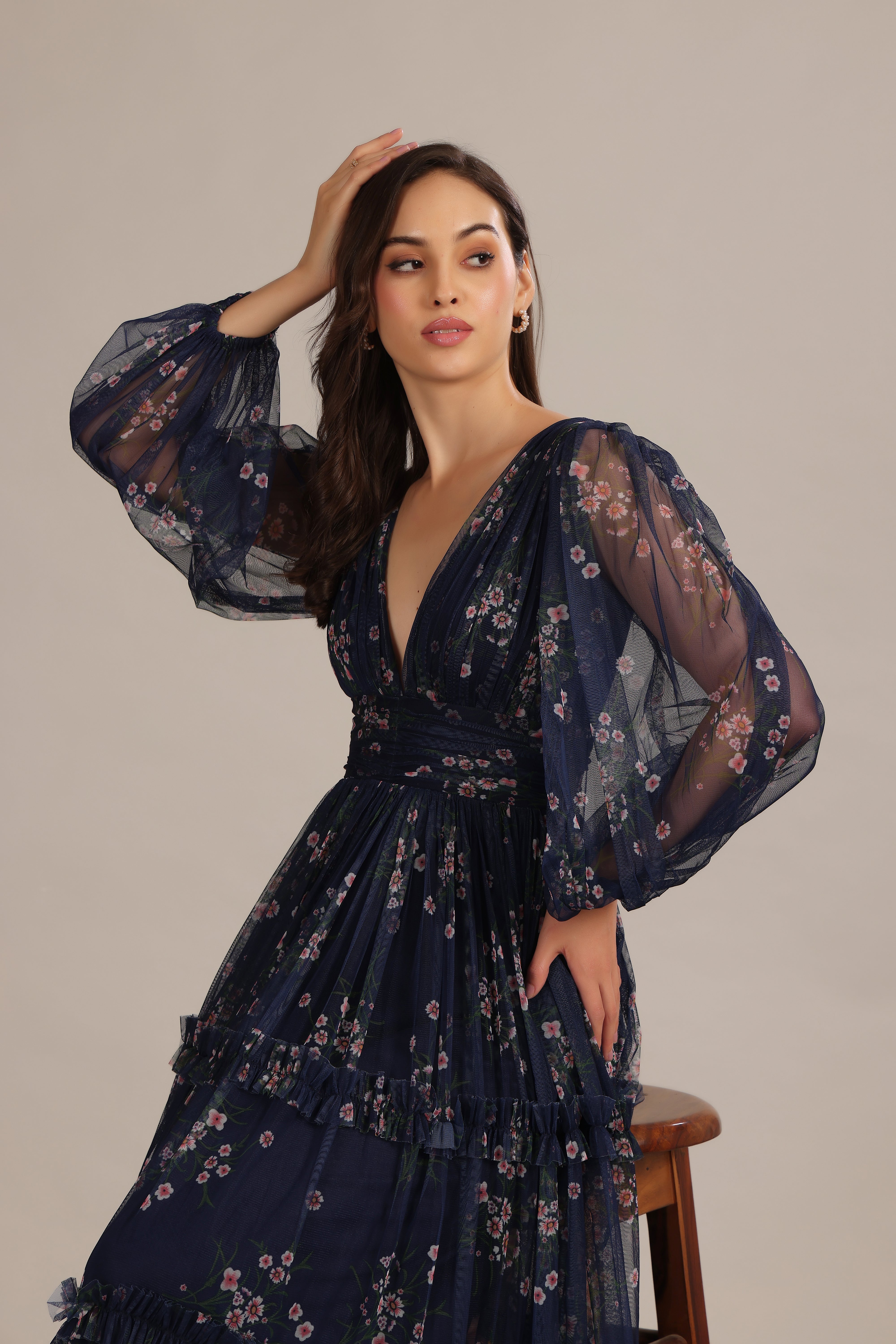 Lydia Maxi Dress for Women - Navy Blue Floral Print Long Summer Dress - Perfect for Beach, Vacation, and Casual Outings