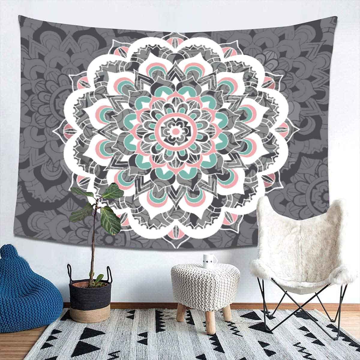 Bohemian Mandala Tapestry with 20FT LED String Lights - Gray Psychedelic Wall Hanging Decor for Bedroom, Living Room (78.7