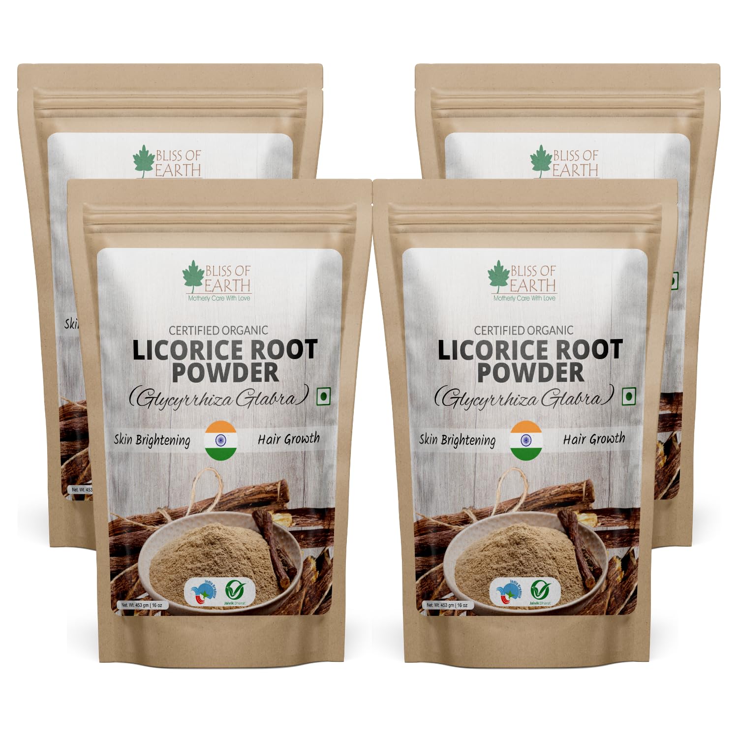 Organic Licorice Root Powder (Mulethi) - 453g Pack of 4 | USDA Certified for Skin Whitening, Hair Care & Face Masks | Natural Herbal Supplement for Tea, Smoothies & Beauty Treatments