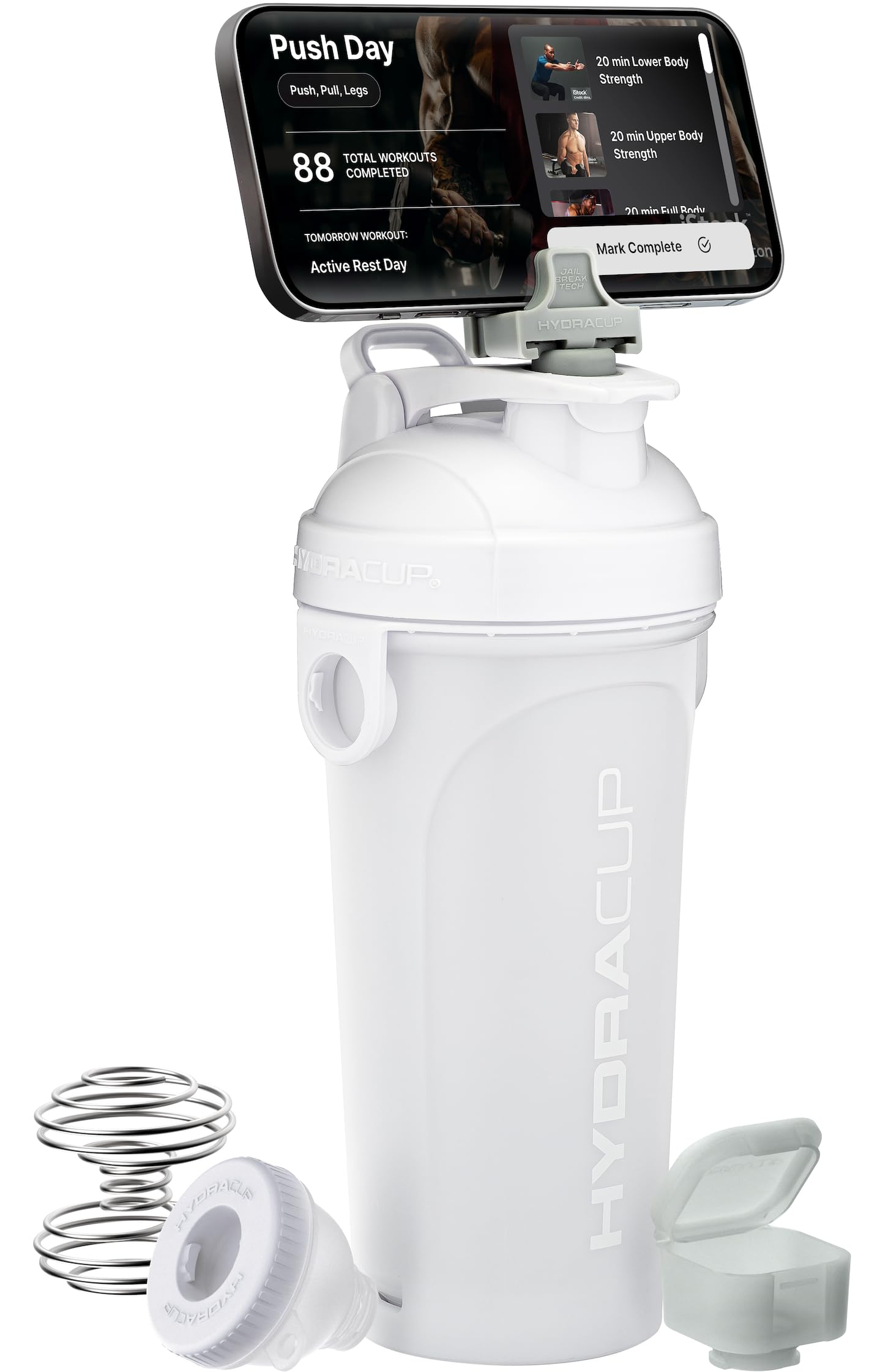 **28 oz Hydra Cup JailBreak Shaker Bottle for Protein Shakes & Smoothies - BPA Free, Leak-Proof with Handle & Blender Ball - Car Phone Holder for Gym, Travel, Workout & On-The-Go (White)**
