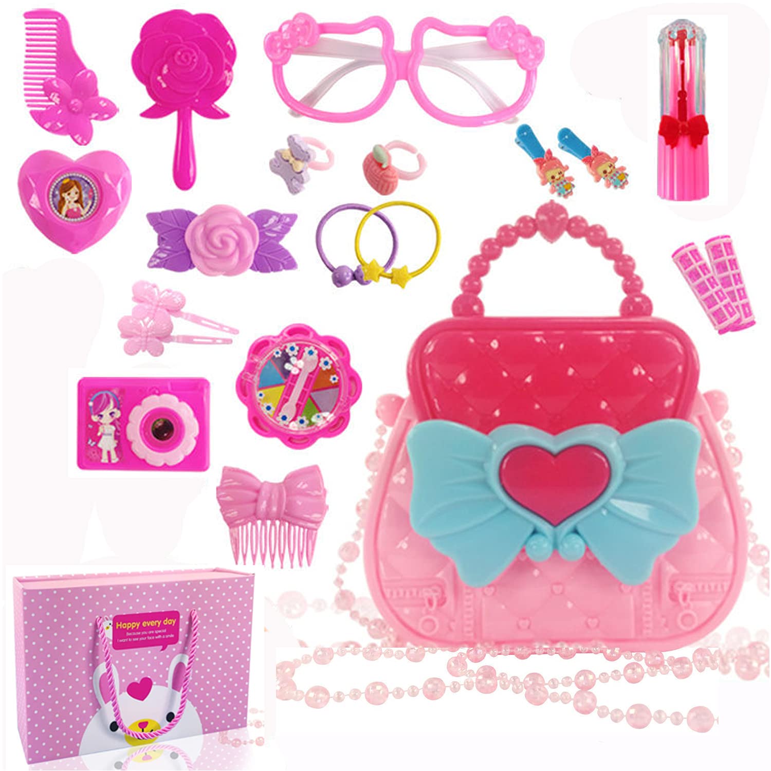 21pcs Pretend Play Beauty Salon Makeup Toy Set for Girls - Princess Dress Up Kit with Hair Accessories & Bag, Role Play Gift for Kids (Perfect for Christmas, Birthday & Pretend Play Scenarios)