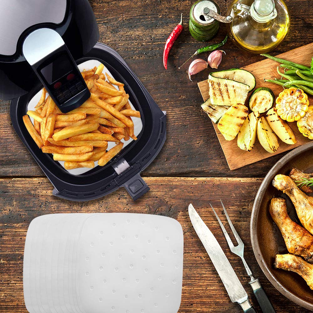 Non-Stick Air Fryer Liners - 100 Pack 8.5 Inch Perforated Parchment Paper Sheets for Philips, Cosori, Ninja & Most Air Fryers | Reusable, Oil-Free Cooking for Healthy Meals & Snacks