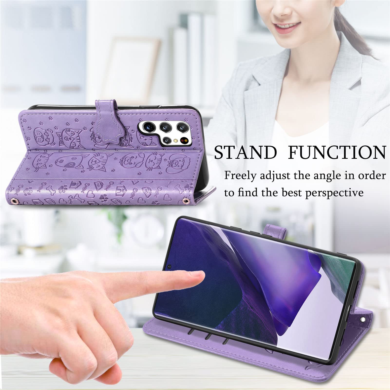 Cute Cartoon Wallet Case for Samsung Galaxy S22 Ultra - Cat & Dog Style Flip Cover with ID Card Holder, PU Leather Phone Case (MG Purple) | Perfect for Daily Use, Travel, and Hands-Free Convenience