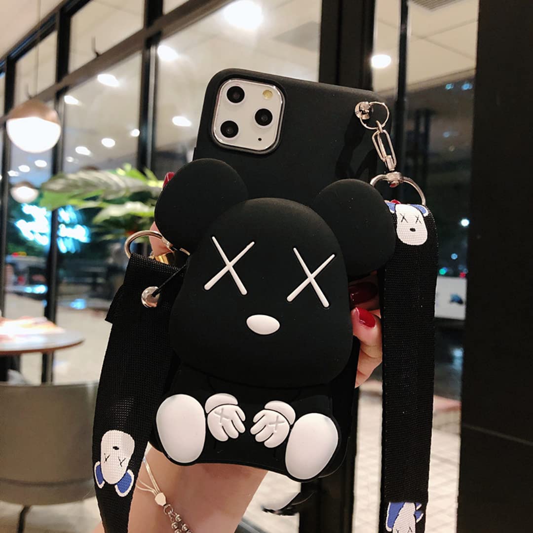 Cute Cartoon Bear Design Samsung Galaxy A30S A50 Case - Kawaii Soft Silicone Shockproof Phone Cover with Card Holder & Crossbody Lanyard for Women Girls Teens - Perfect for School, Work & Daily Use (Black)