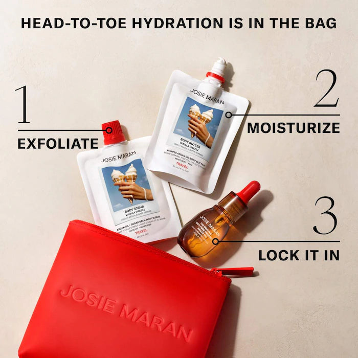 Josie Maran The Babies Hydration Travel Trio Skincare Set - Moisturizing Face Cream, Cleanser & Serum for Dry Skin - Perfect for Travel & On-The-Go Hydration