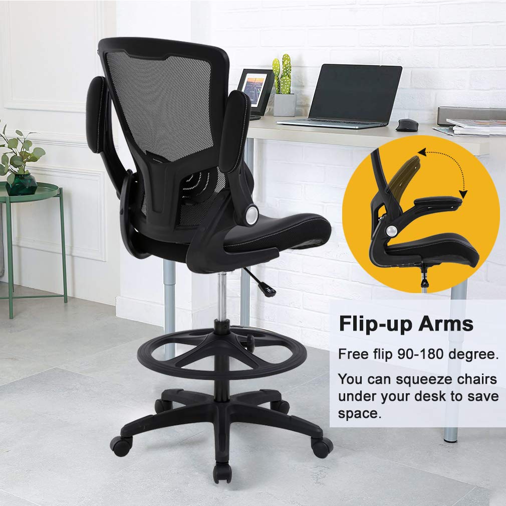 Ergonomic Drafting Chair with Flip-Up Arms, Foot Rest & Adjustable Height - Mesh Office Stool for Standing Desk - Black - Perfect for Architects, Artists & Home Office Workspaces