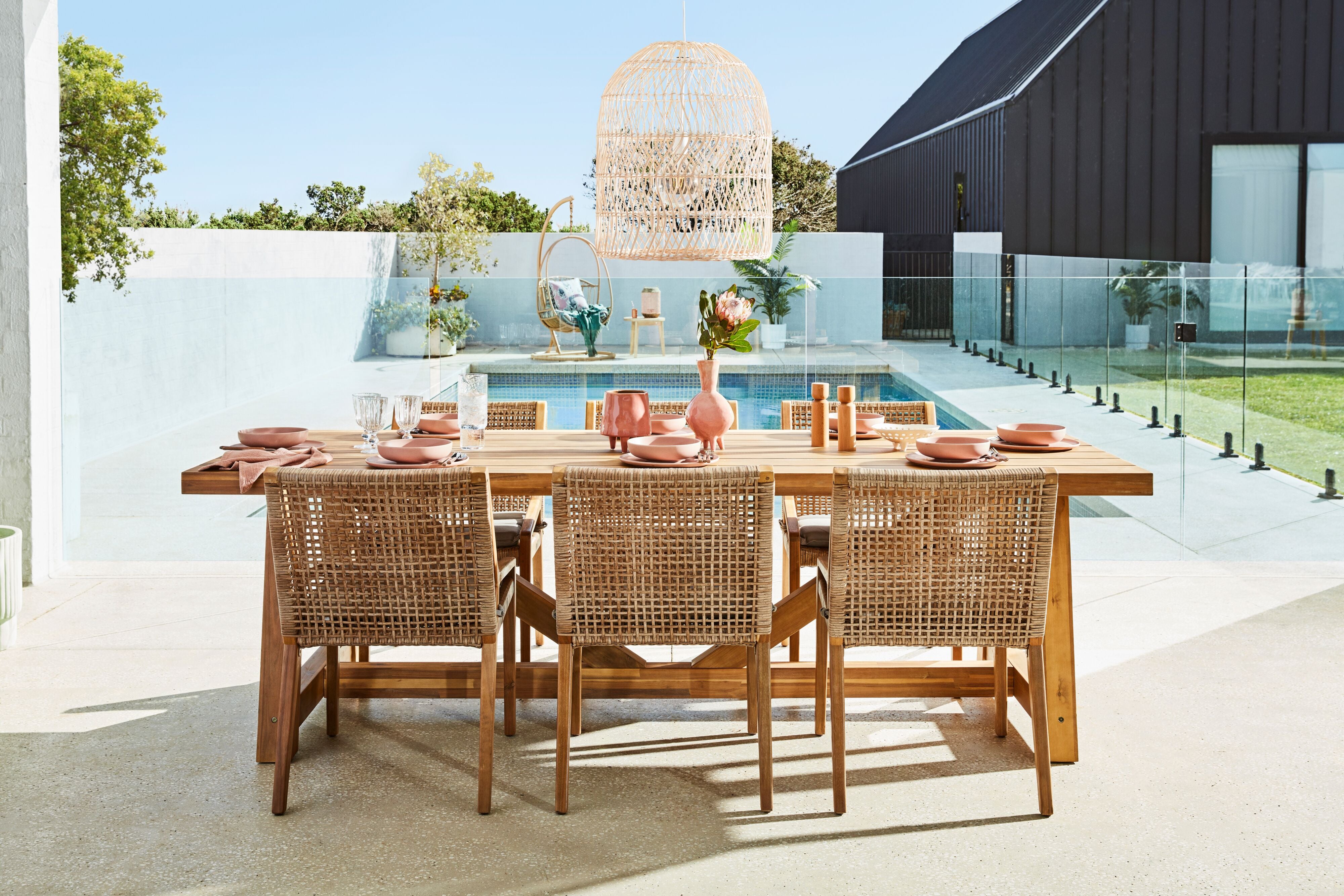 Antigua 255cm Extendable Dining Table Set with 6 Woven Chairs - Modern Farmhouse Kitchen Furniture for Family Gatherings & Dinner Parties