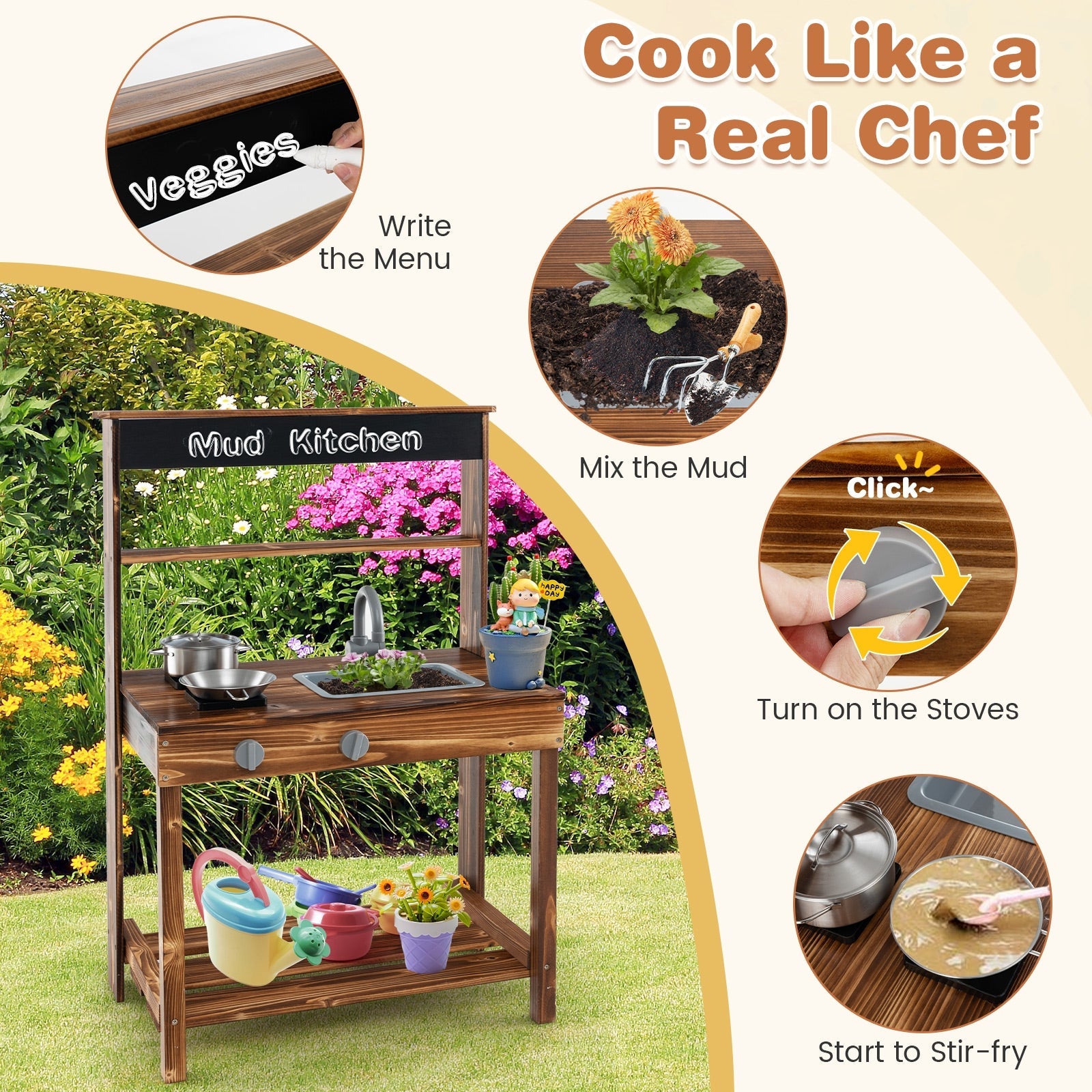 Best Outdoor Mud Kitchen for Kids - Rotatable Faucet & Removable Sink - Natural Wooden Play Kitchen - Perfect for Backyard, Garden & Pretend Play
