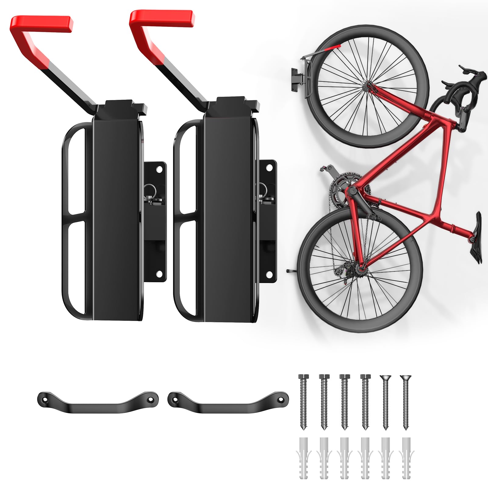 **2-Pack Wall Mounted Swivel Bike Rack with Tire Tray - 170° Adjustable Bike Hanger for Garage Storage - Vertical Bike Stand with 5 Secure Angles - Indoor/Outdoor Use for Home, Apartment, or Shed - Black**