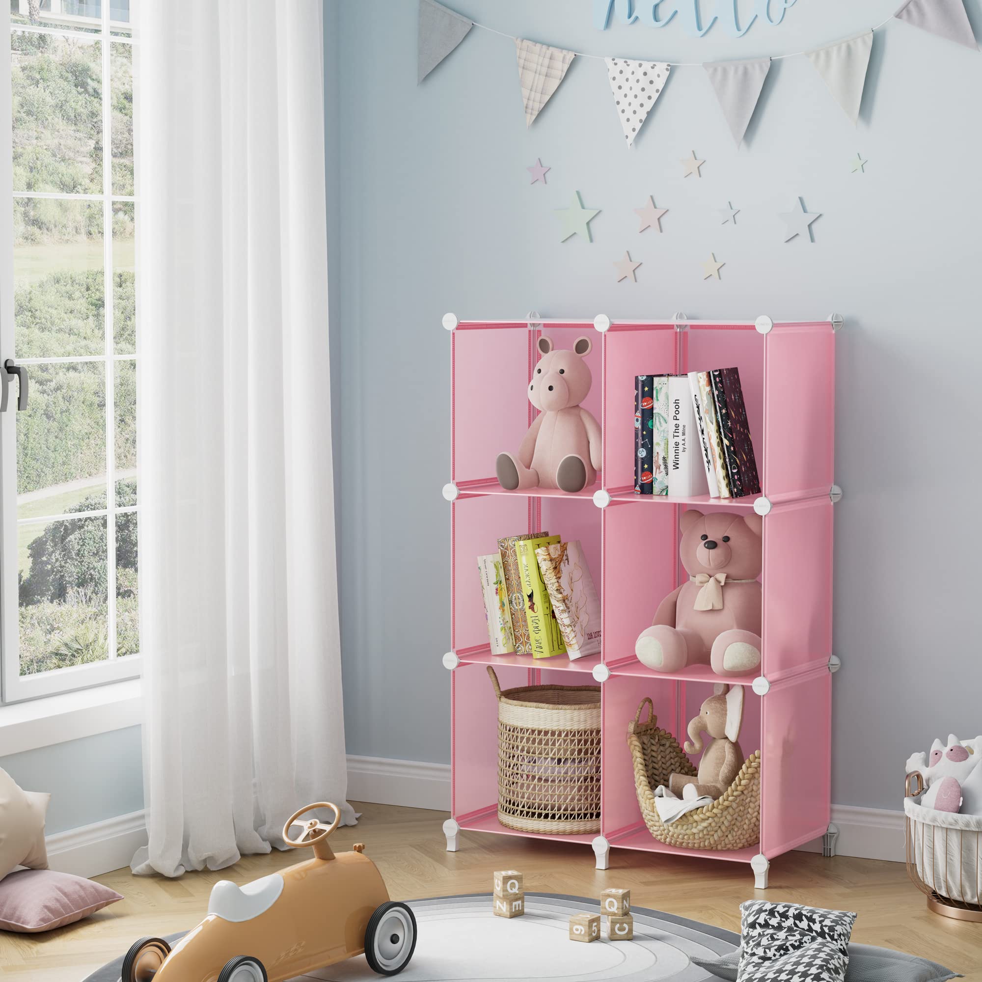 HOMIDEC 6-Cube Storage Shelf Organizer - Light Pink Bookshelf for Kids Room, Closet, Bedroom & Bathroom - 11.8x11.8x11.8 Inch Cube Storage Cabinet with Metal Hammer - Perfect for Toy Storage, Book Display & Home Organization
