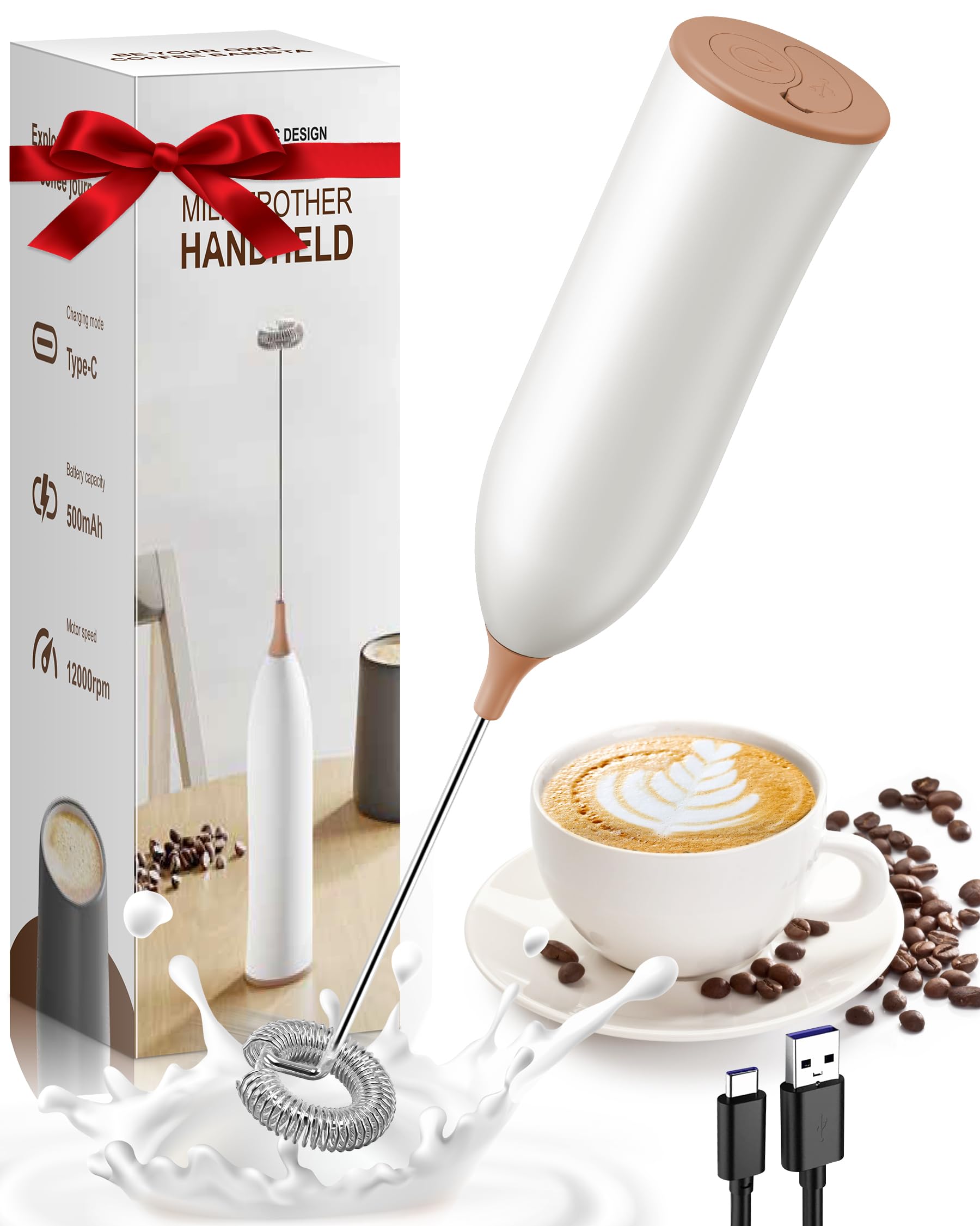 USB-C Rechargeable Milk Frother - Powerful Handheld Electric Whisk for Coffee, Latte, Cappuccino, Mocha & Protein Shakes - Perfect for Home Baristas & Office Coffee Breaks (Brown)