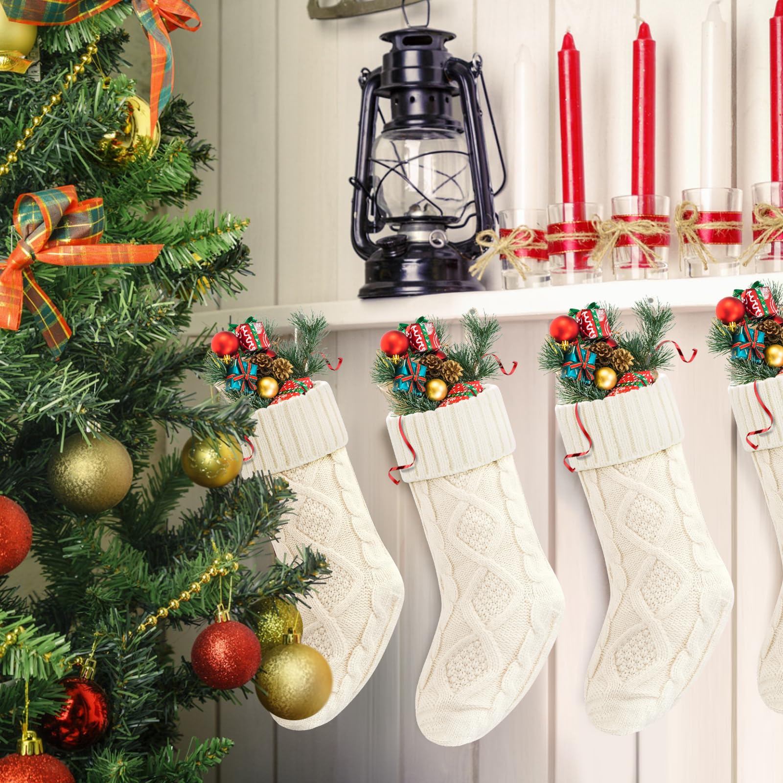 VIBILIA Christmas Stockings 4 Pack - 18 Inch Large Knitted Xmas Stockings for Fireplace Decor, Holiday Party, Gift Exchange & Festive Home Decor (White)