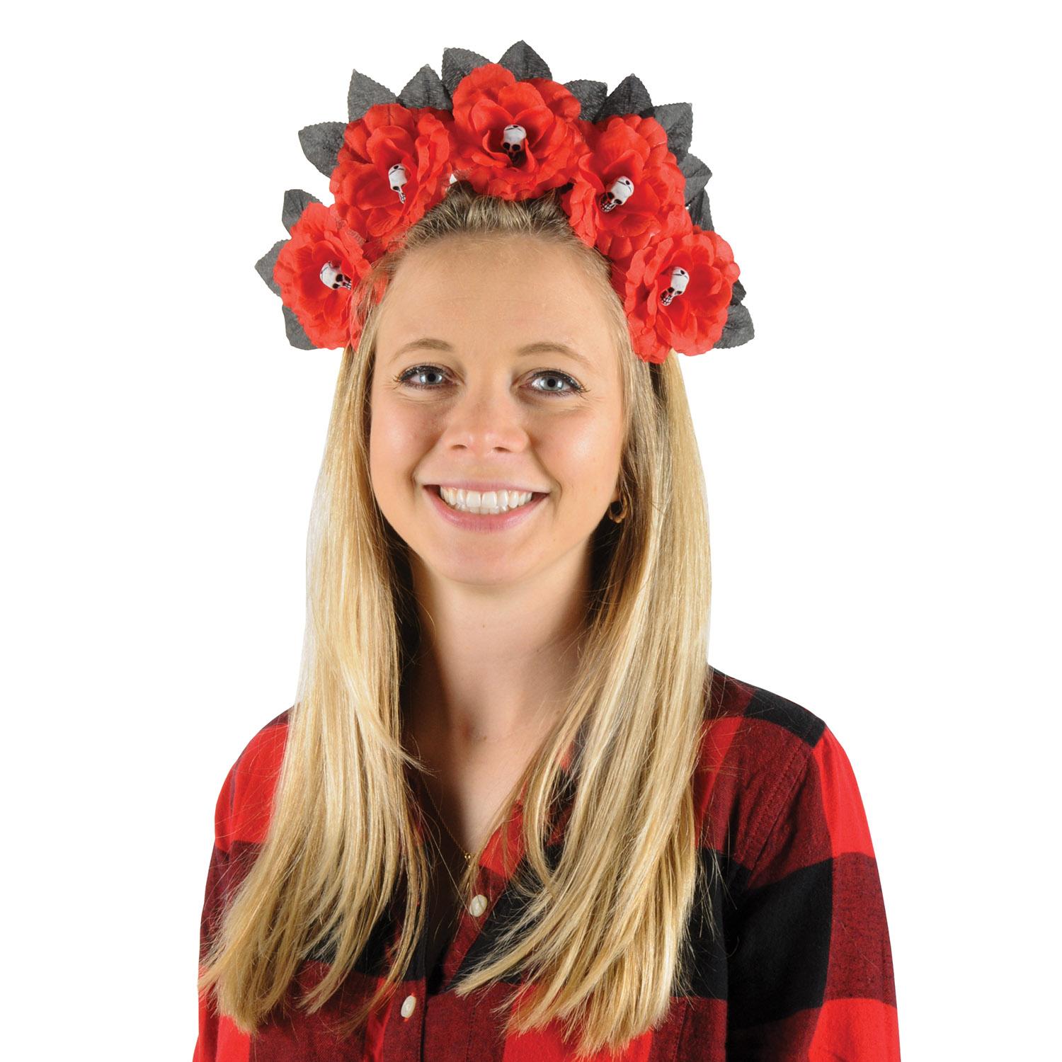 12 Pack Beistle Day of the Dead Red Floral Headbands - Mexican Sugar Skull Hair Accessories for Halloween, Dia de los Muertos Party & Costume Celebrations