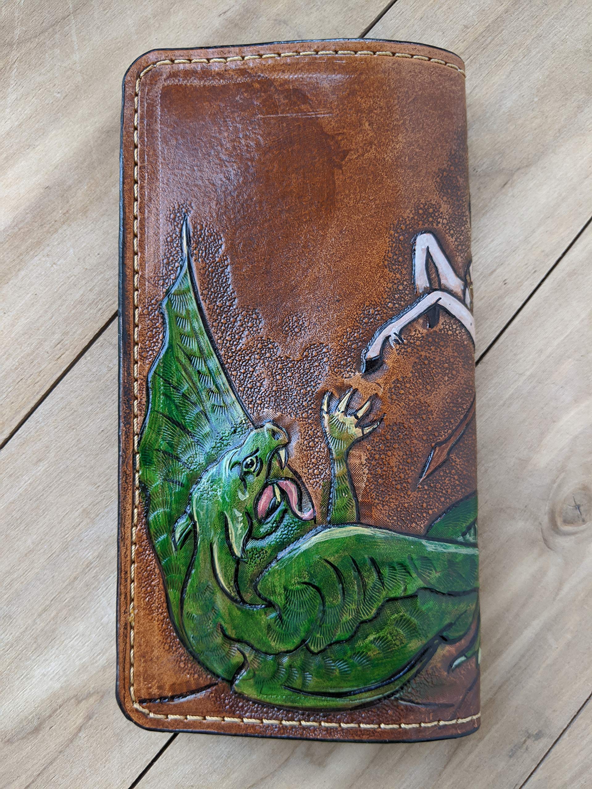Handcrafted 3D Genuine Leather Wallet for Men - Long Biker Travel Wallet with St. George & Dragon Design - Custom Personalized Leather Carving Clutch Wallet - Perfect for Daily Use, Gifts & Motorcycle Riders