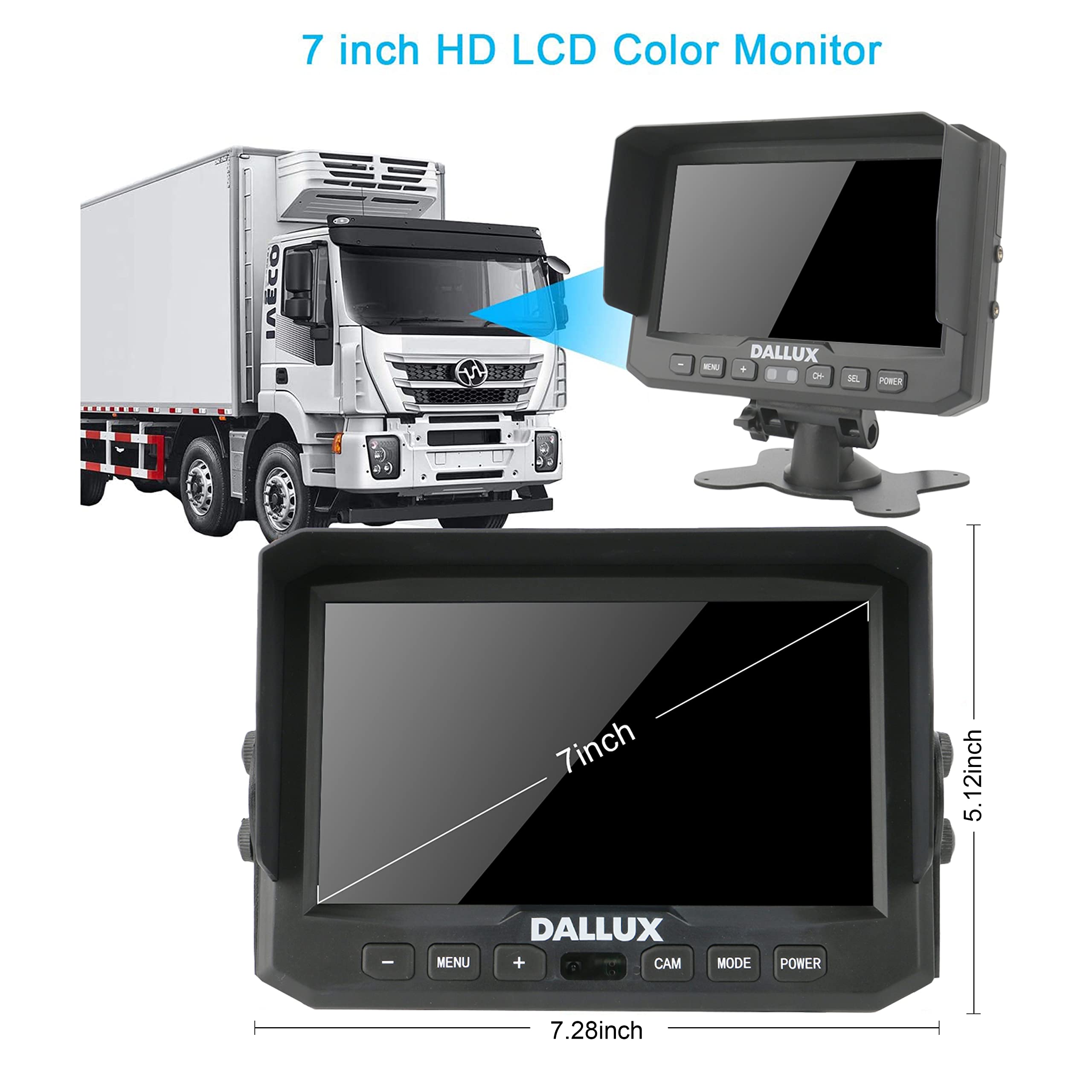 DALLUX 7 Inch Digital Wireless Backup Camera System with 1080P HD Monitor - IP69K Waterproof Rear/Front View Camera for Trucks, Trailers, RVs, Buses, Vans & Heavy Vehicles - Perfect for Safe Reversing, Parking & Blind Spot Monitoring