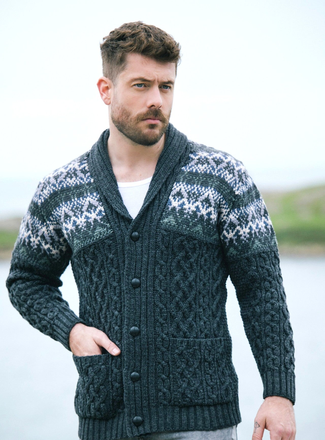Nephin Fair Isle Shawl Cardigan for Women - Cozy Knit Sweater with Cable Stitch Design [2 Colors] - Perfect for Winter Layering, Office Wear & Casual Outfits