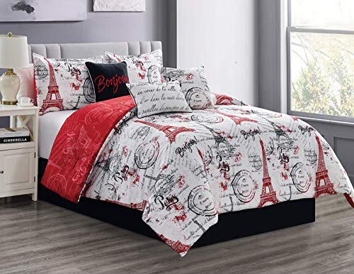 Queen Size 7-Piece Comforter Bed in a Bag Set - Paris Themed Bedding with Elegant Eiffel Tower Design, Stylish French Decor in Red | Perfect for Parisian Bedroom, Guest Room & Themed Vacation Rental Decor