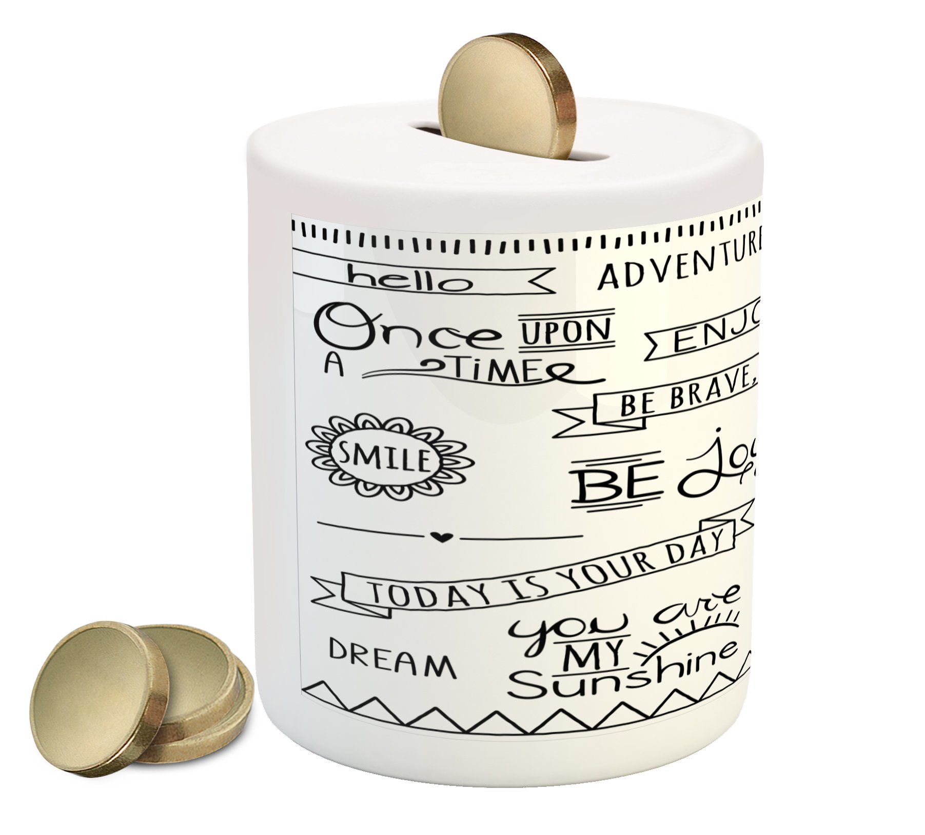 Ambesonne Ceramic Piggy Bank with Inspirational Quotes - Money Saving Coin Bank for Cash & Coins, Motivational Gift for Kids & Adults (White & Black Design) - Perfect for Home, Office & Classroom Savings