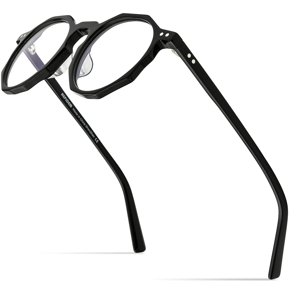 Hepidem Acetate Vintage Retro Round Polygon Eyeglass Frames for Men - Classic Myopia Optical Glasses for Reading, Work & Everyday Style