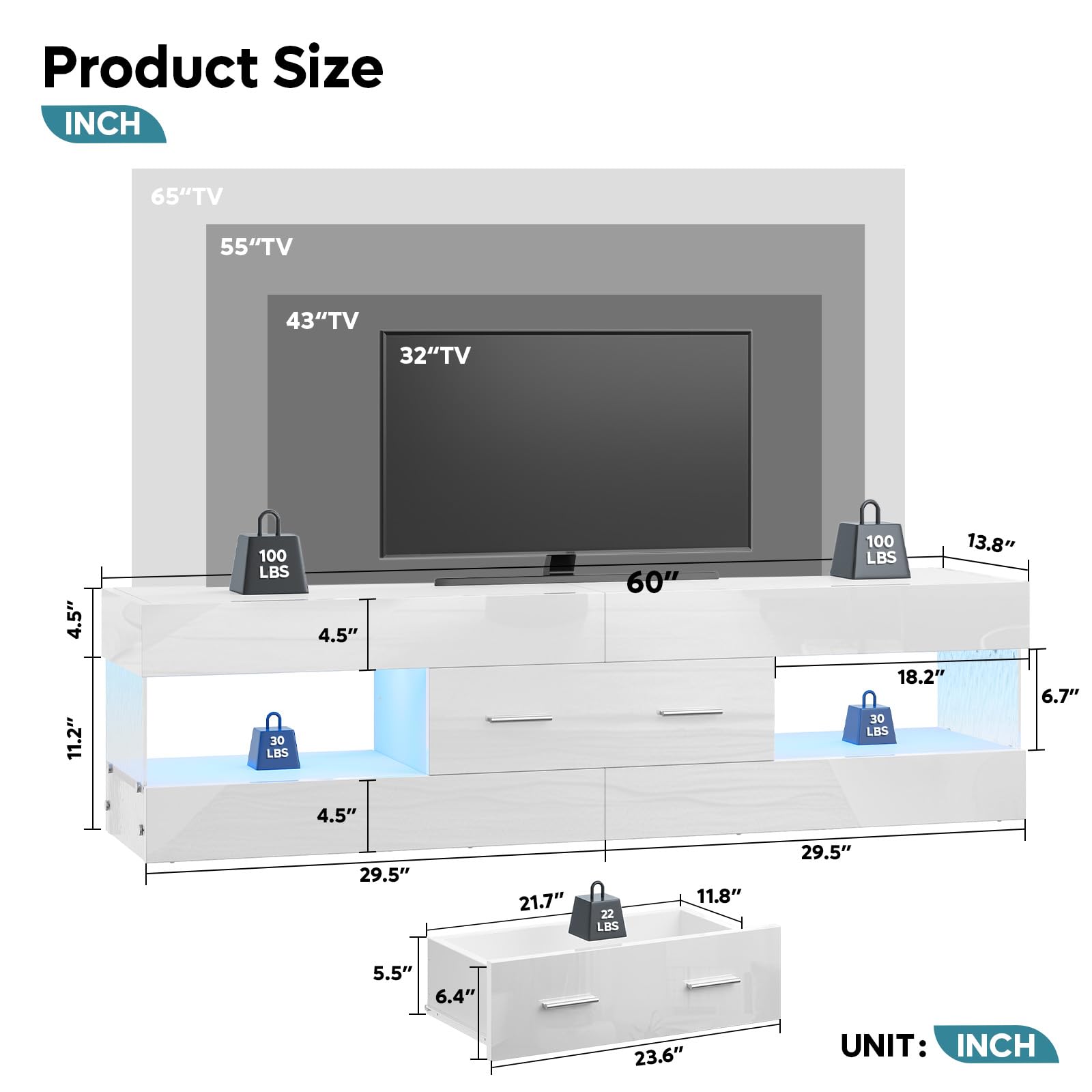 Bestier Modern TV Stand for 55-65 Inch TVs - High Gloss Entertainment Center with LED Lights, Stone-Patterned Side Panels & Large Storage Drawer - TV Console for Living Room, Bedroom (Glossy White) - Perfect for Home Theater Setup and Family Entertainment