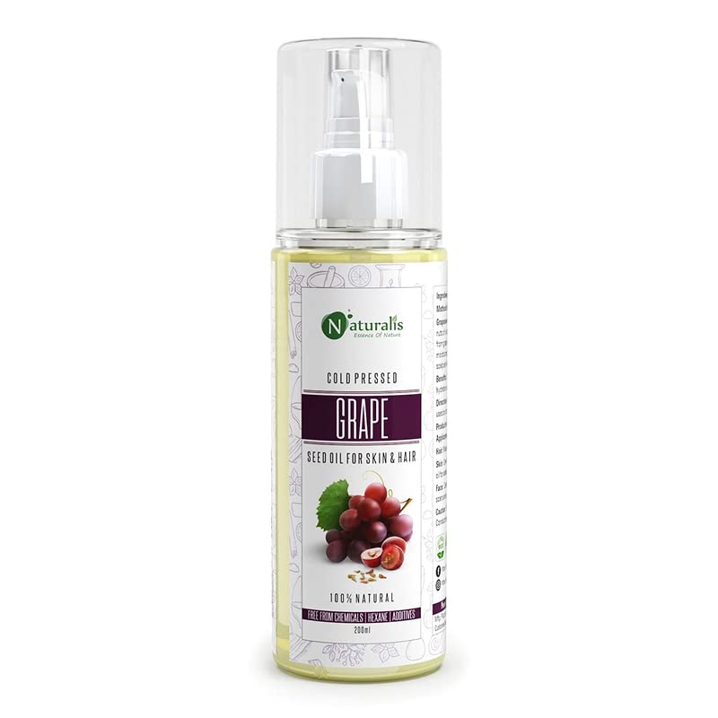Naturalis Cold Pressed Grapeseed Oil 200ml - 100% Pure Carrier Oil for Hair Growth, Skin Tightening & Acne Treatment | Perfect for Face Massage, DIY Beauty & Aromatherapy
