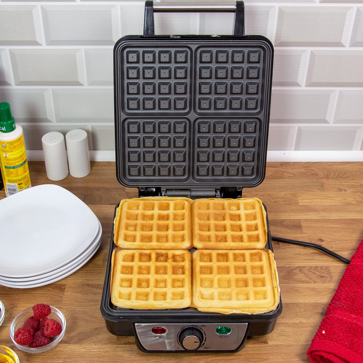 Quest 35940 4-Slice Deep Fill Waffle Maker with Non-Stick Plates, Adjustable Temperature & Cool-Touch Stainless Steel Handle - 1100W for Perfect Belgian Waffles - Ideal for Breakfast, Brunch & Family Gatherings