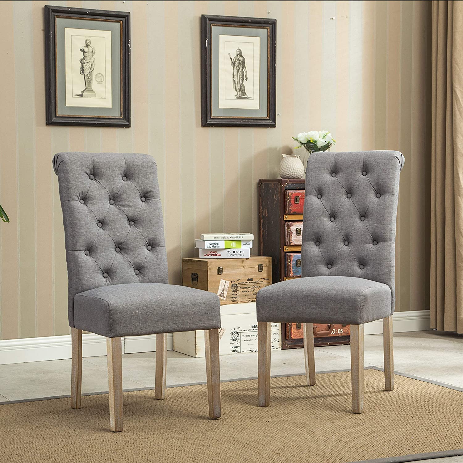 Roundhill Furniture Solid Wood Tufted Parsons Dining Chairs Set of 2 - Gray Upholstered Modern Kitchen Chairs for Dining Room, Breakfast Nook & Home Office