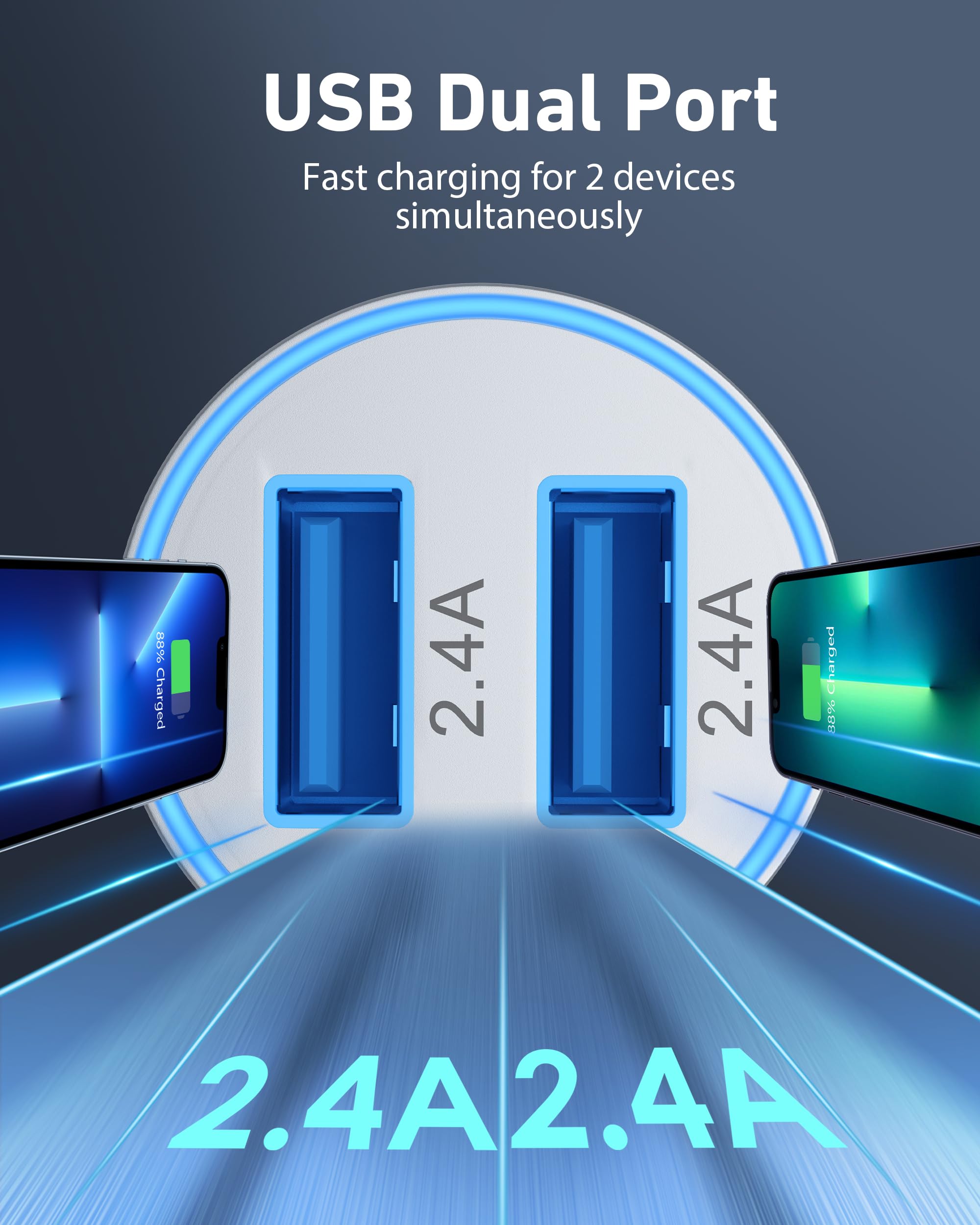 ARCCRA 2-Pack 4.8A Dual USB Car Charger with 2 Lightning Cables - Fast Charging for iPhone 14/13/12/11/Pro Max/XR/XS/SE/8/7/6/6S Plus - Perfect for Road Trips & Daily Commutes