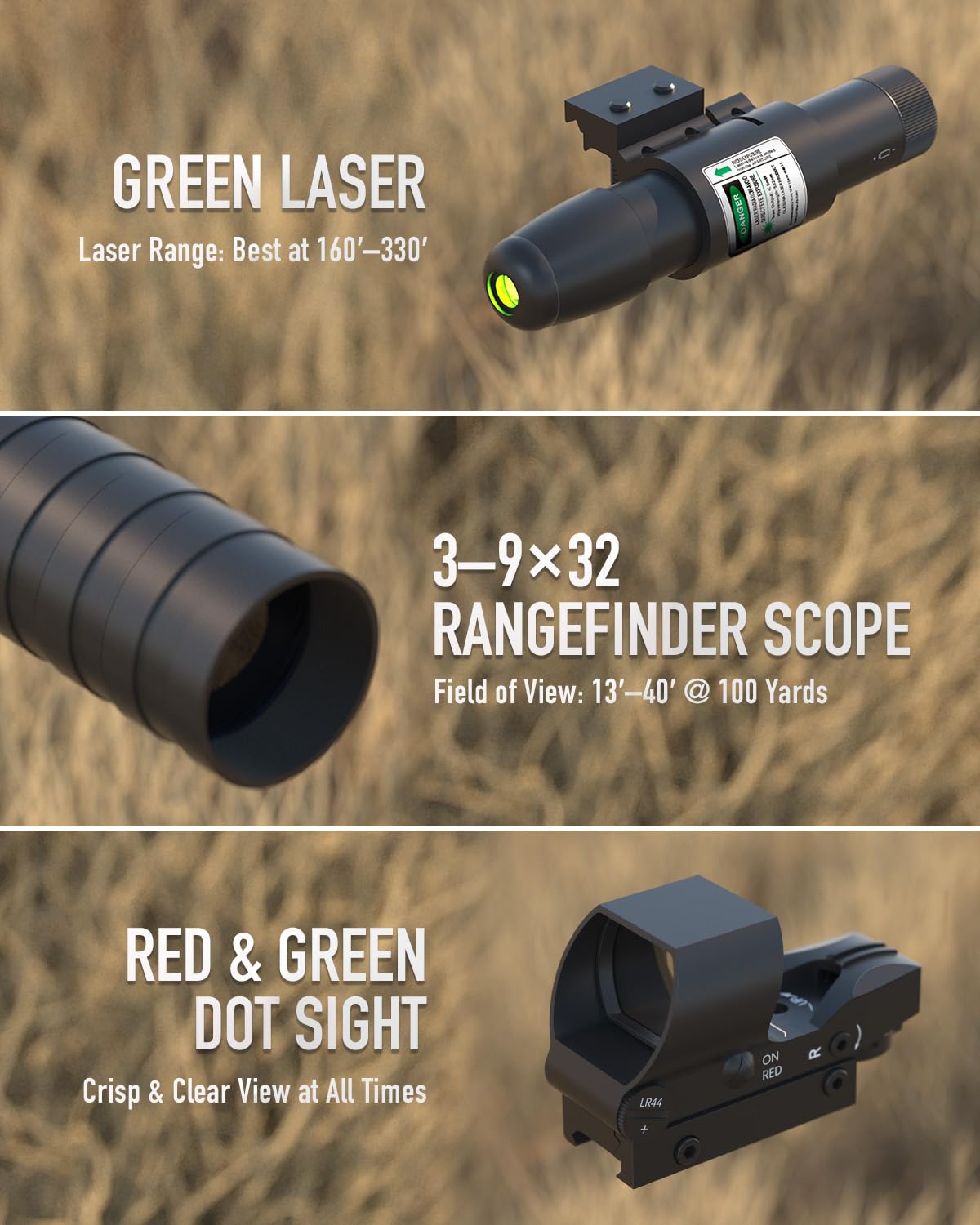 PINTY 4-in-1 Tactical Rifle Scope Combo with 3-9x32 Illuminated Hunting Scope, Red/Green Dot Sight & Laser - Picatinny Riser Mount for Hunting, Target Shooting & Home Defense