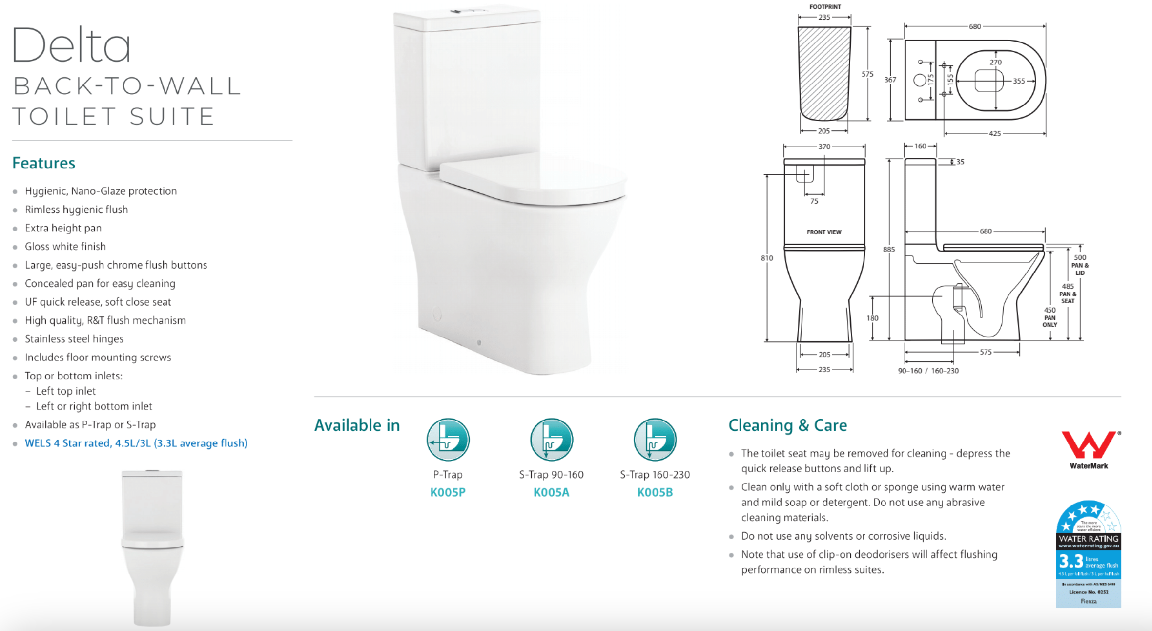 Fienza K005B Delta S Trap 160-230mm White Toilet Suite with Chrome Buttons - Modern Bathroom Fixture for Home & Commercial Use