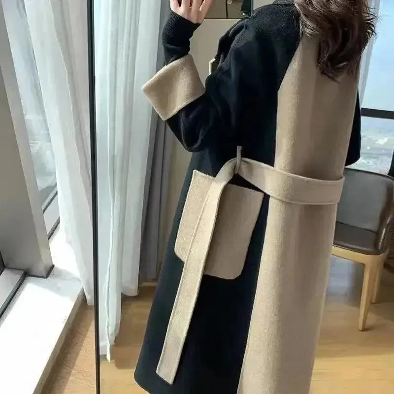 Stylish Women's Wool Blend Patchwork Trench Coat - Fashionable Winter Outerwear for Work, Travel & Special Occasions