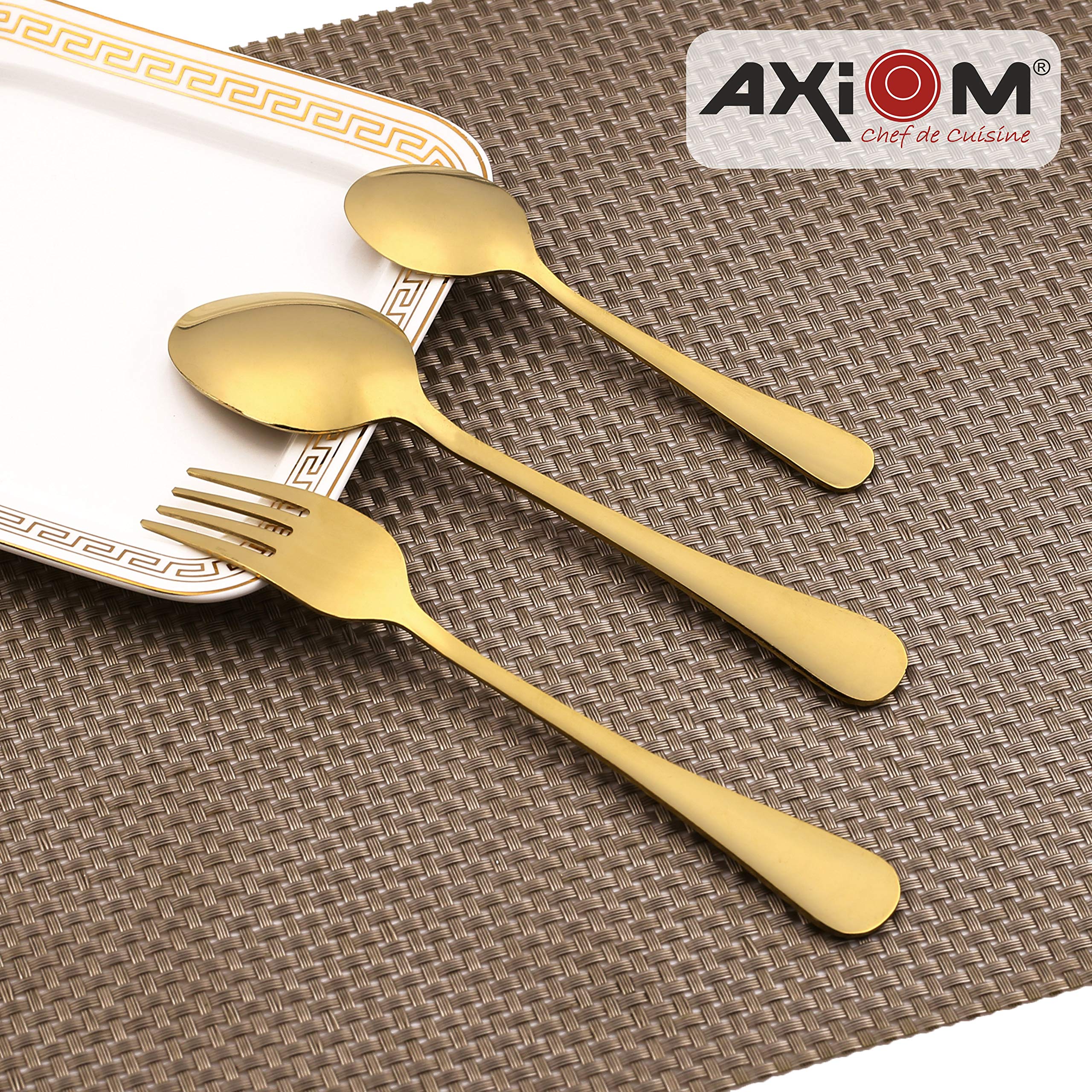 AXIOM 24-Piece Stainless Steel Gold Flatware Set - 8 Dessert Spoons, 8 Dessert Forks, 8 Teaspoons - Elegant Cutlery for Fine Dining, Wedding Parties & Luxury Home Entertaining