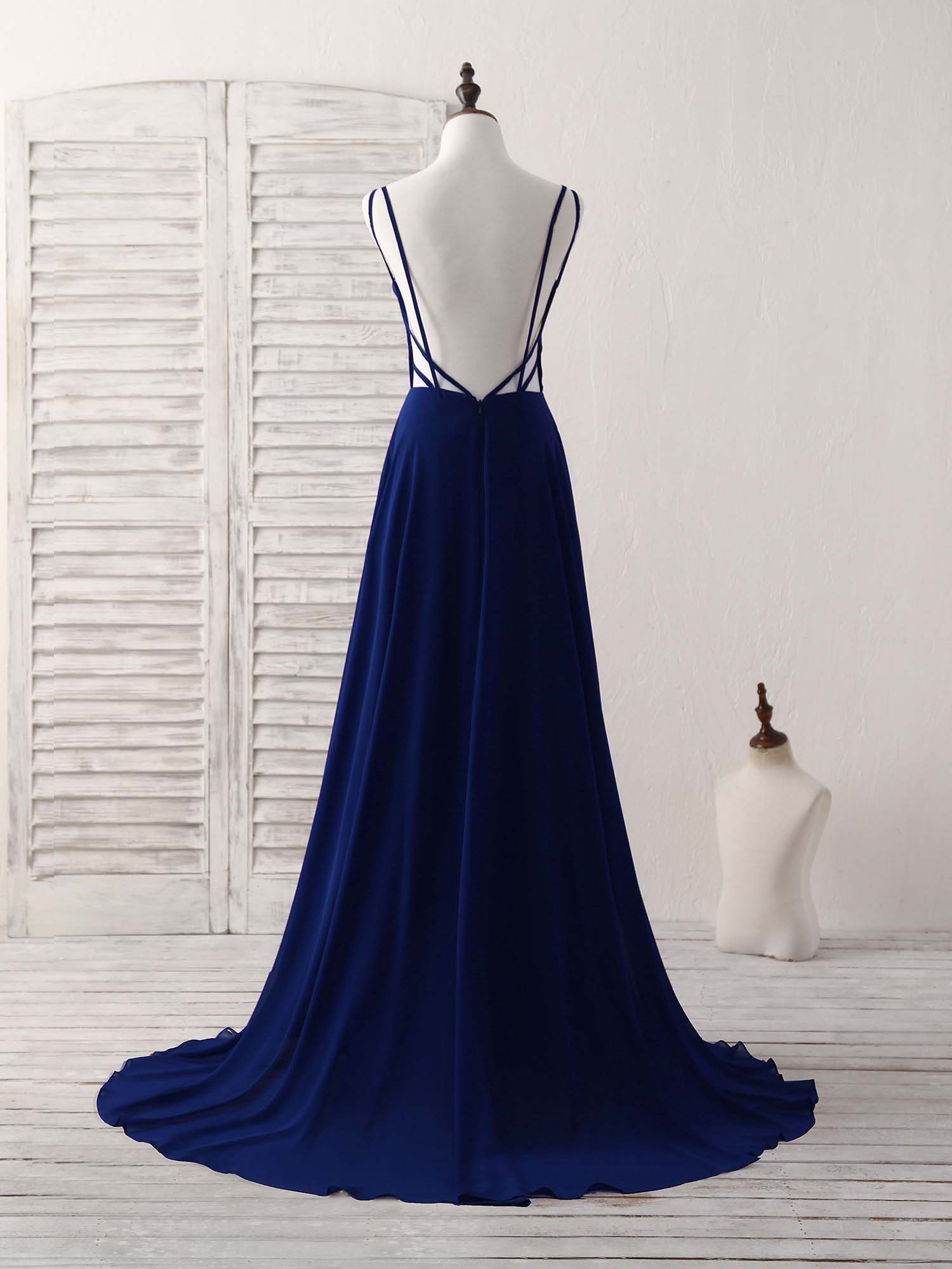 Elegant Navy Blue Chiffon Long Prom Dress with Backless Design - Perfect for Evening Gala, Formal Dance & Special Occasions