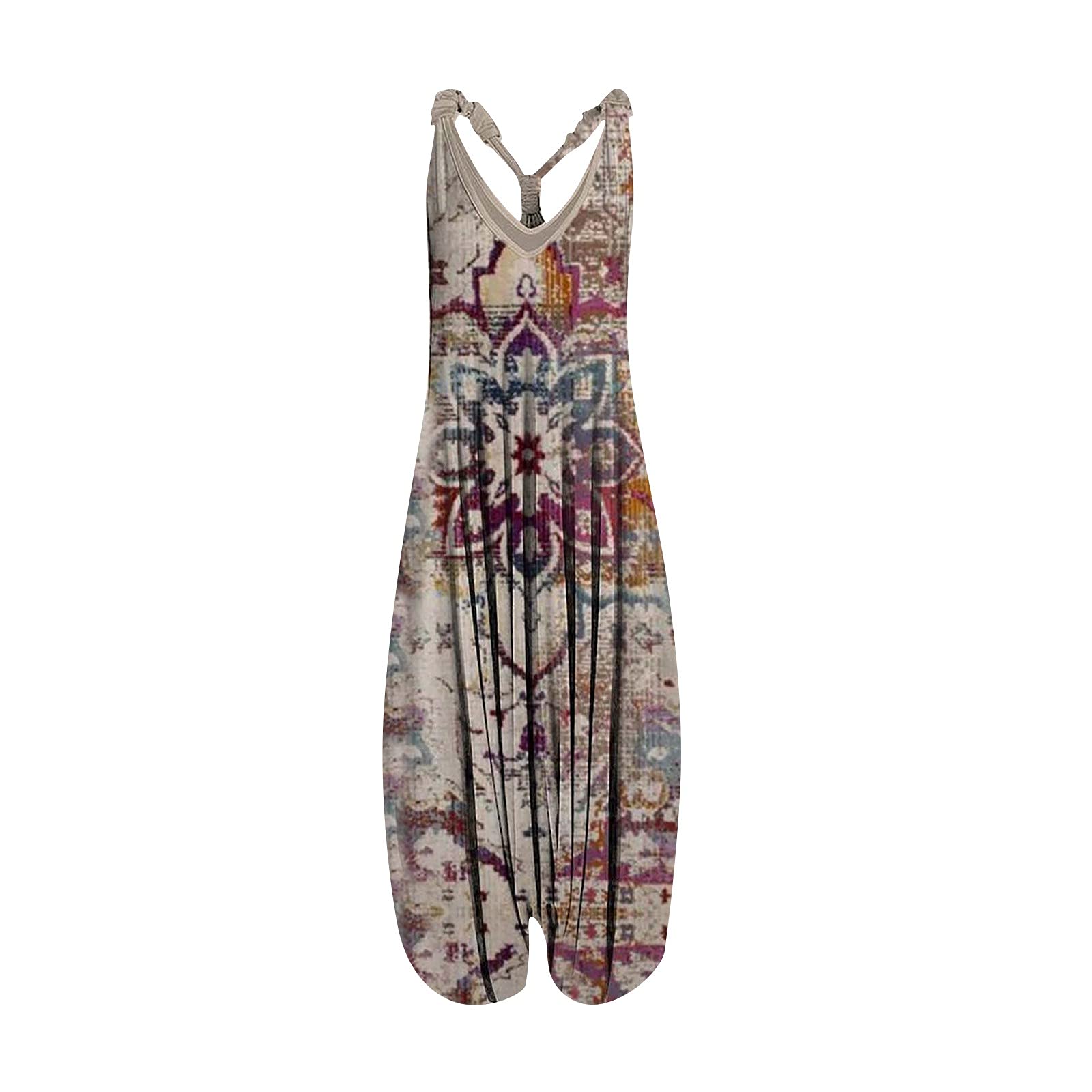 EKOUSN Women's Vintage Racerback Harem Jumpsuit - V-Neck Off Shoulder Romper with Flowy Pants | Casual Summer Outfit, Beach Cover Up, Boho Festival Wear, Lounge Pajamas