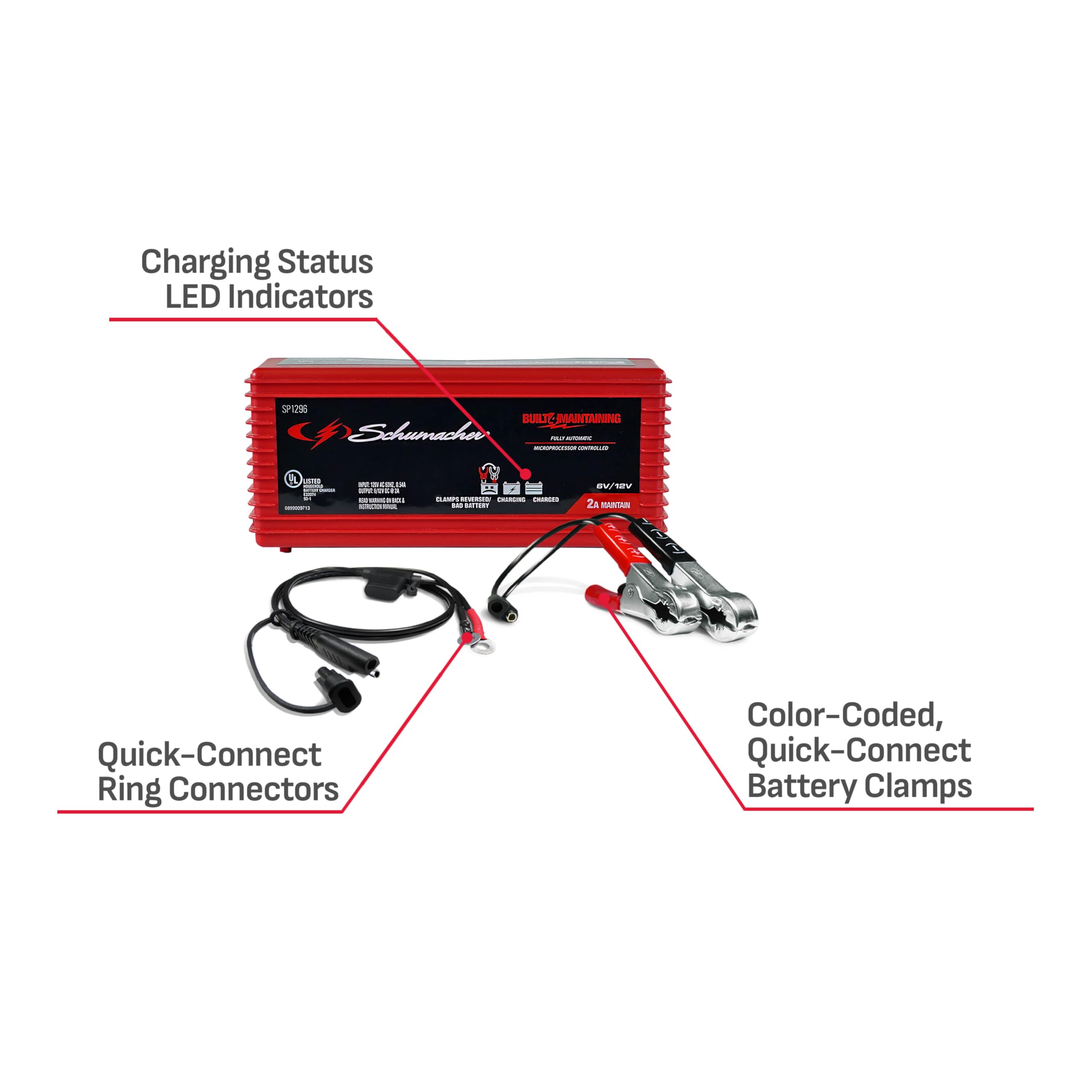 Schumacher SP1296 3-in-1 Fully Automatic 2A Battery Charger & Maintainer - 6V/12V for Motorcycle, ATV, Car, Marine Batteries - Ideal for Winter Storage & Seasonal Vehicle Maintenance