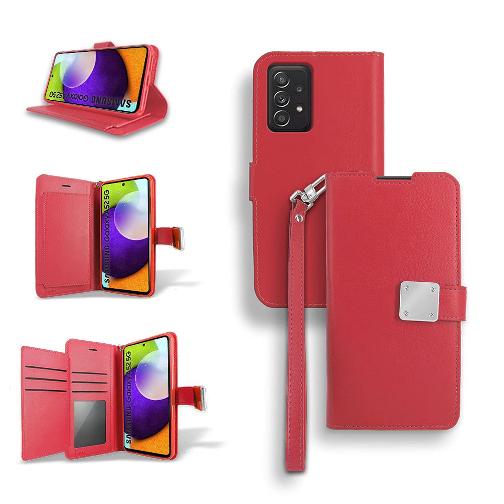 Premium Leather Wallet Case for Samsung Galaxy A02S with Tempered Glass Screen Protector - Double Card Slots & Extra Fold Design - Protective Phone Cover (Red) | Perfect for Business, Travel & Everyday Use
