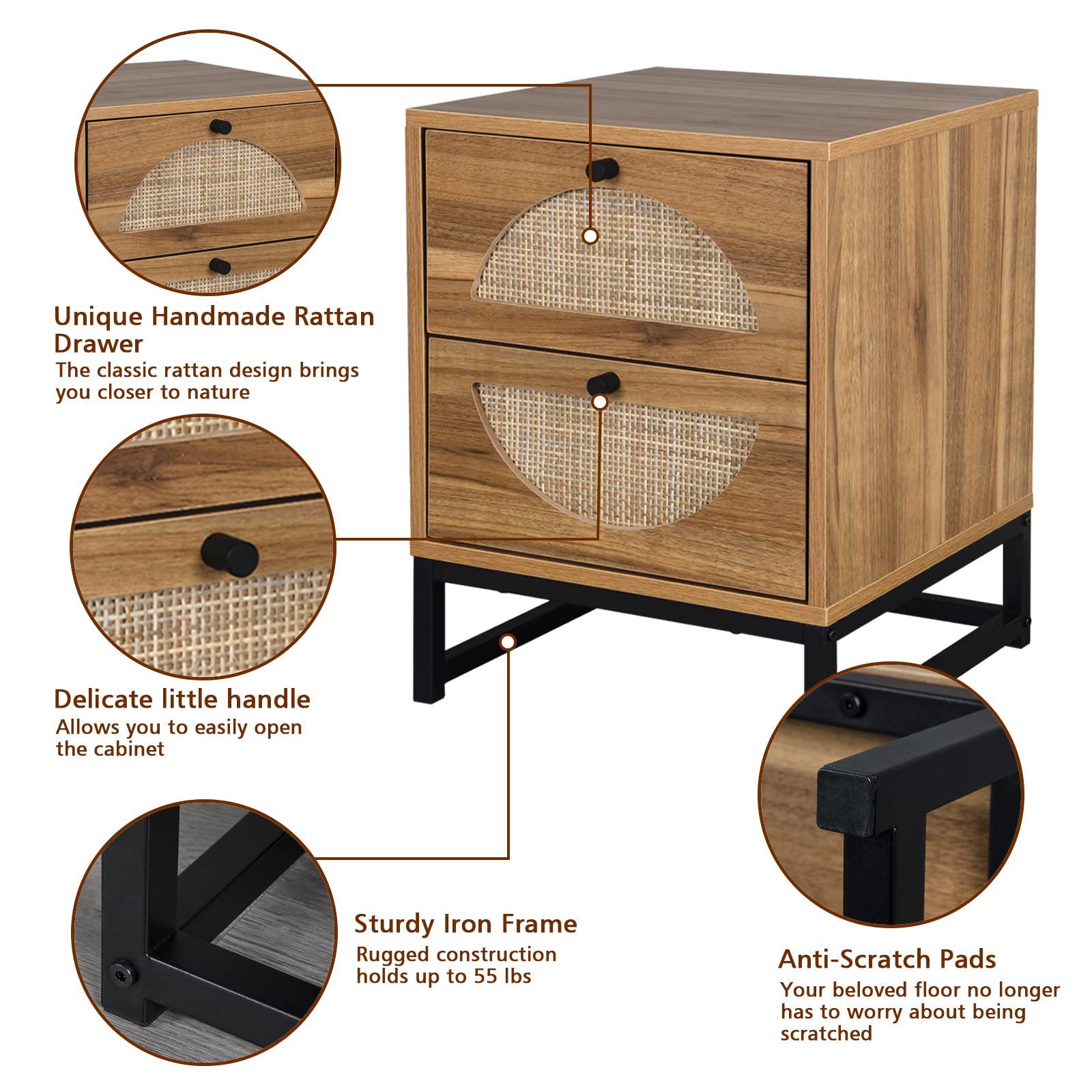 Rattan Nightstand with 2 Drawers & Metal Legs - Natural Rustic Bedside Table for Bedroom, Living Room | End Table with Storage Shelf for Home Decor & Organization