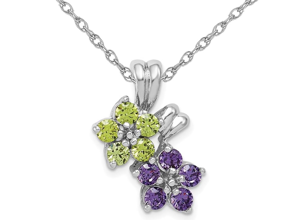Natural Peridot & Amethyst Floral Pendant Necklace - Sterling Silver with 18
