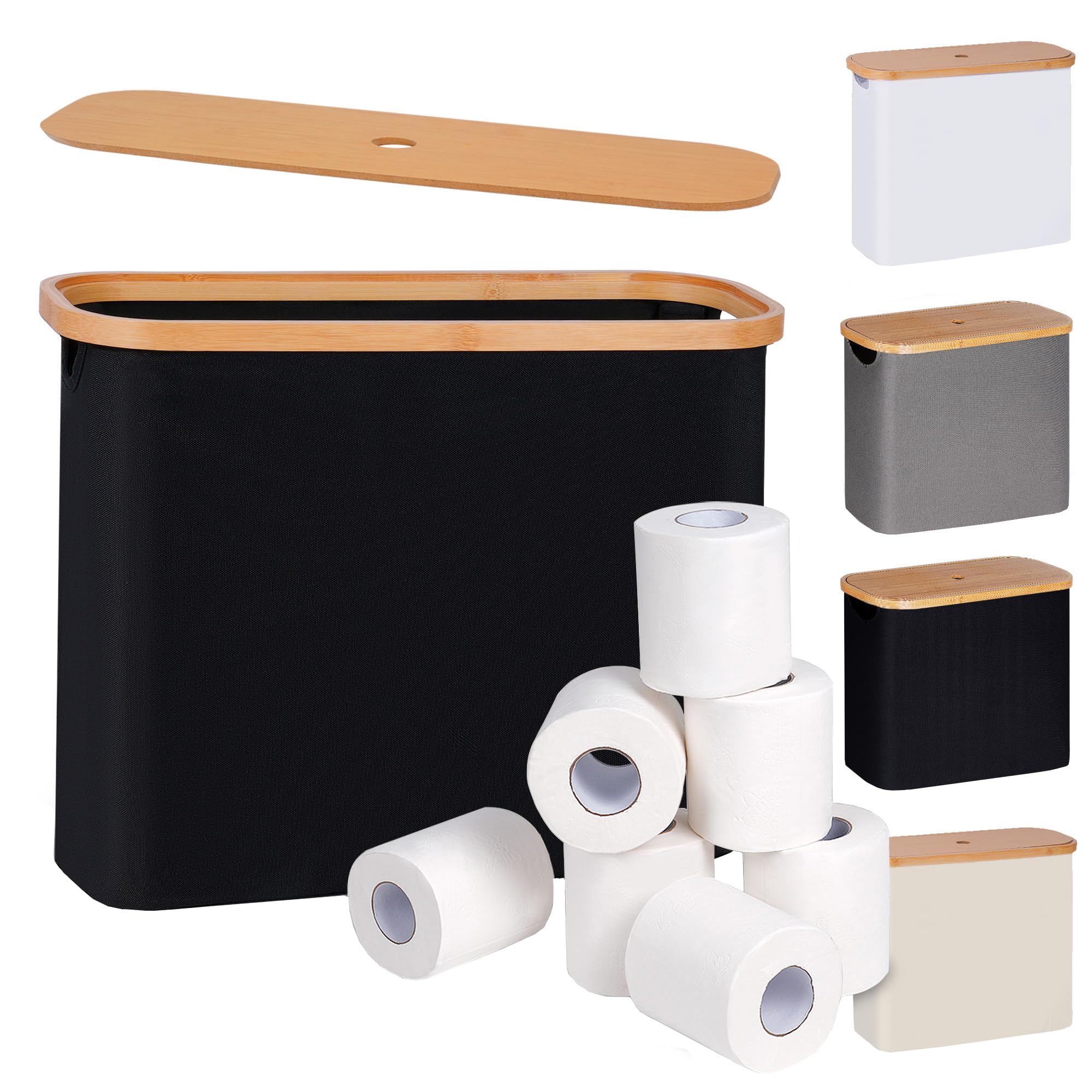 Toilet Paper Storage Basket with Lid - Bathroom Organizer Holds Up to 9 Mega Rolls, Free Standing Black Toilet Paper Holder | Perfect for Bathroom, RV, and Small Space Organization