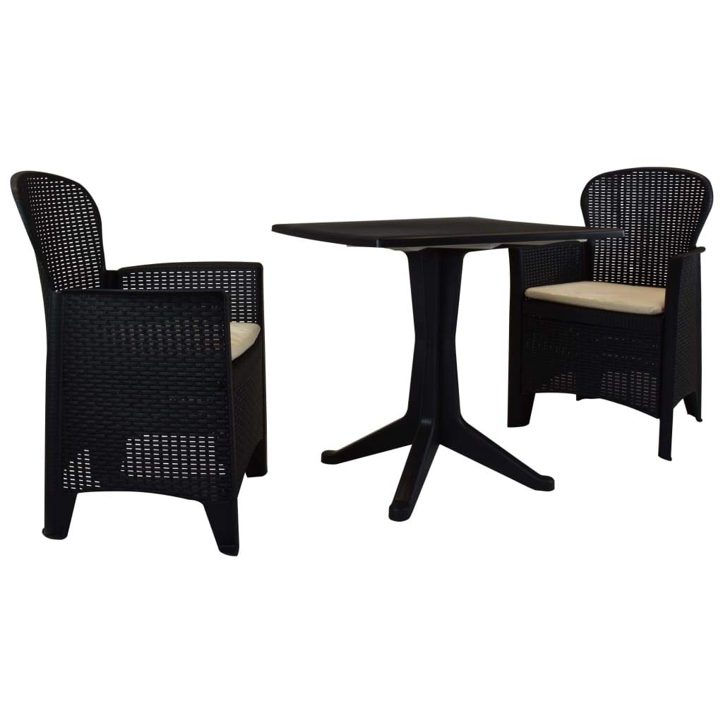 vidaXL 3-Piece Patio Bistro Set - Outdoor Rattan Dining Table & Chairs with Cushions, Anthracite Plastic Garden Furniture for Backyard, Deck, or Balcony