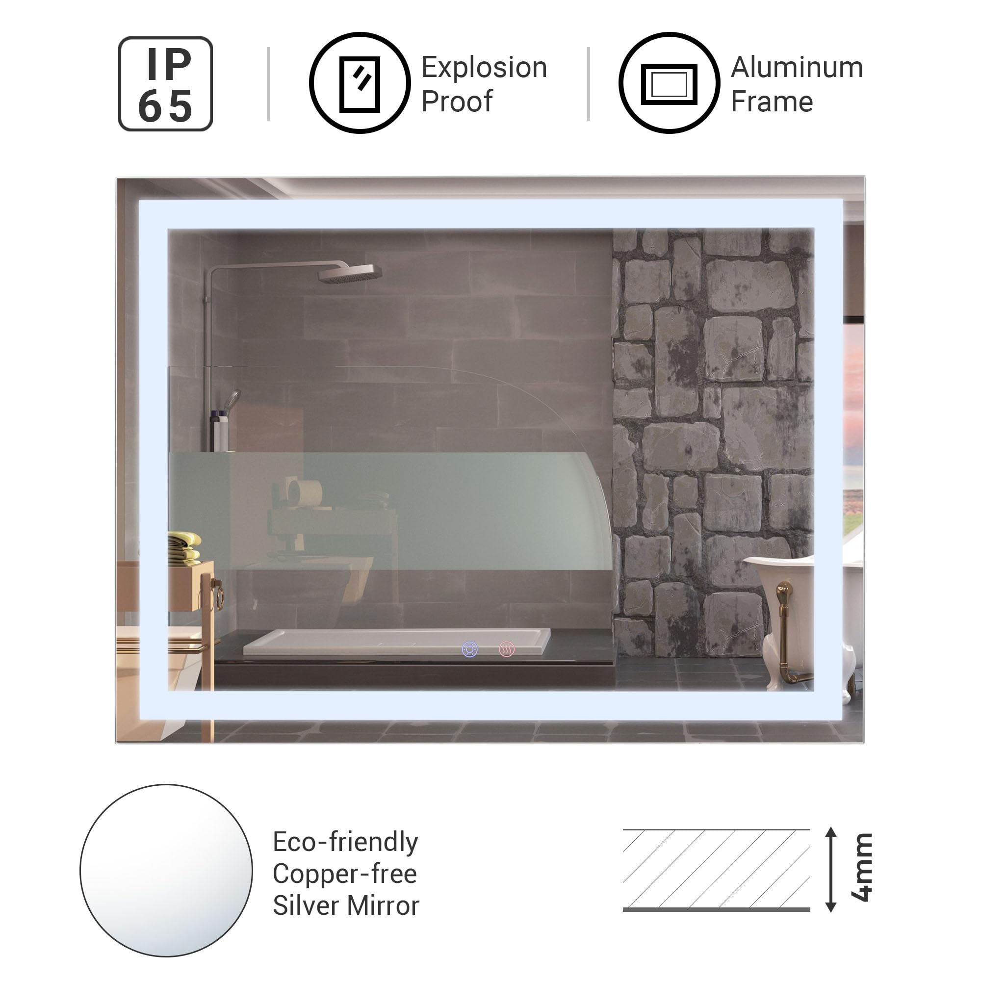 Aquaterior 32x24 Inch LED Bathroom Mirror with Anti-Fog, Touch Switch & Dimmable Lighting - Horizontal/Vertical Wall Mounted Makeup Vanity Mirror for Modern Bathrooms, Powder Rooms and Dressing Areas