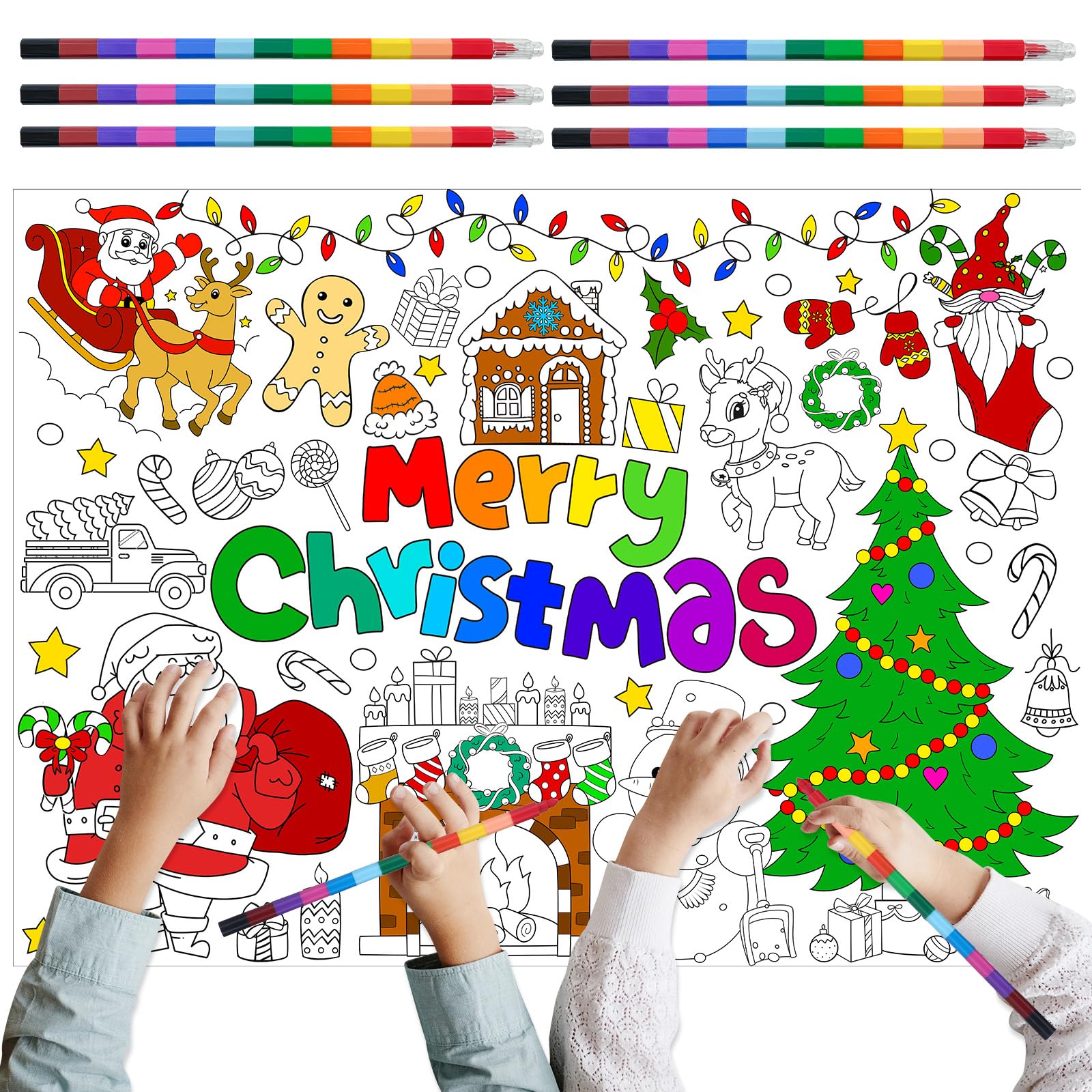 Giant Christmas Coloring Poster with 6 Stacking Crayons - 43x31 Inch Large Holiday Art Activity Tablecloth for Kids, Classroom Party Decor & Festive Family Fun | Perfect for Christmas Celebrations, School Events & Creative Home Activities