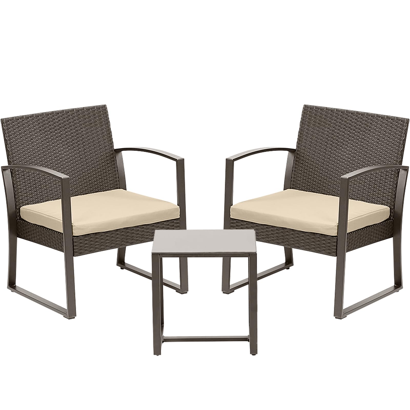 BPS 3-Piece Outdoor Patio Furniture Set - Brown Wicker Chairs with Beige Cushions & Glass Top Table for Garden, Poolside, Backyard or Balcony | Perfect for Relaxing, Entertaining & Outdoor Dining